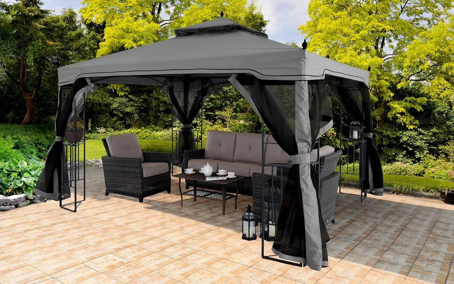 10X10 Patio Gazebo with Netting Screen Walls for Lawn, Garden, Backyard and Deck Gray