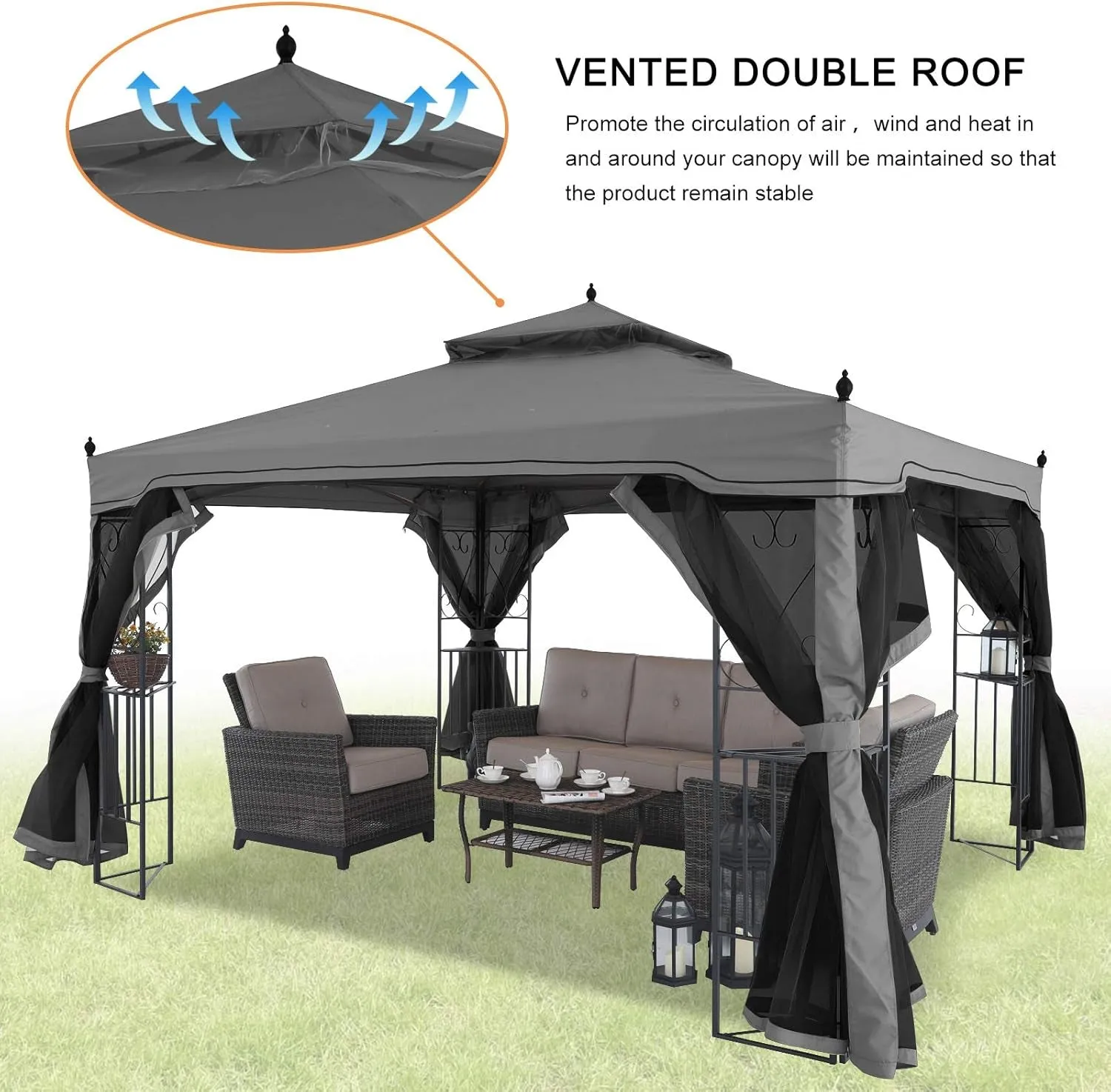 10X10 Patio Gazebo with Netting Screen Walls for Lawn, Garden, Backyard and Deck Gray