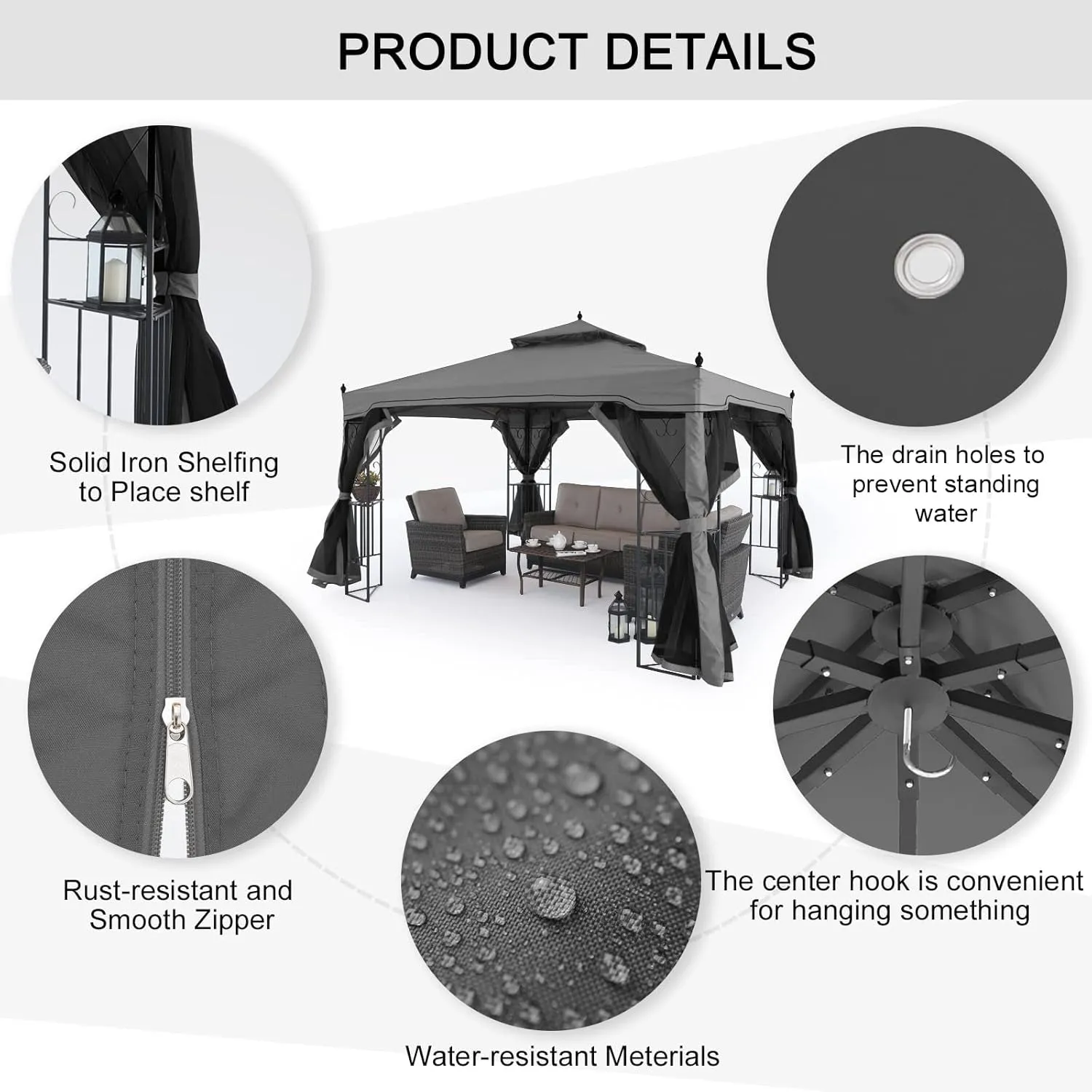 10X10 Patio Gazebo with Netting Screen Walls for Lawn, Garden, Backyard and Deck Gray