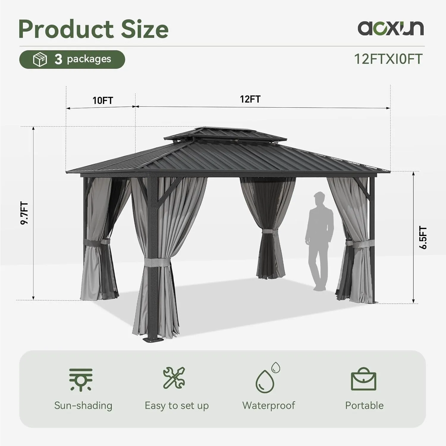 10'X12' Hardtop Gazebo, Aluminum Frame Canopy with Double Galvanized Steel Roof, Outdoor Metal Pavilion with Netting, Curtains for Backyard, Patio and Deck