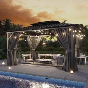 10'X12' Hardtop Gazebo, Aluminum Frame Canopy with Double Galvanized Steel Roof, Outdoor Metal Pavilion with Netting, Curtains for Backyard, Patio and Deck