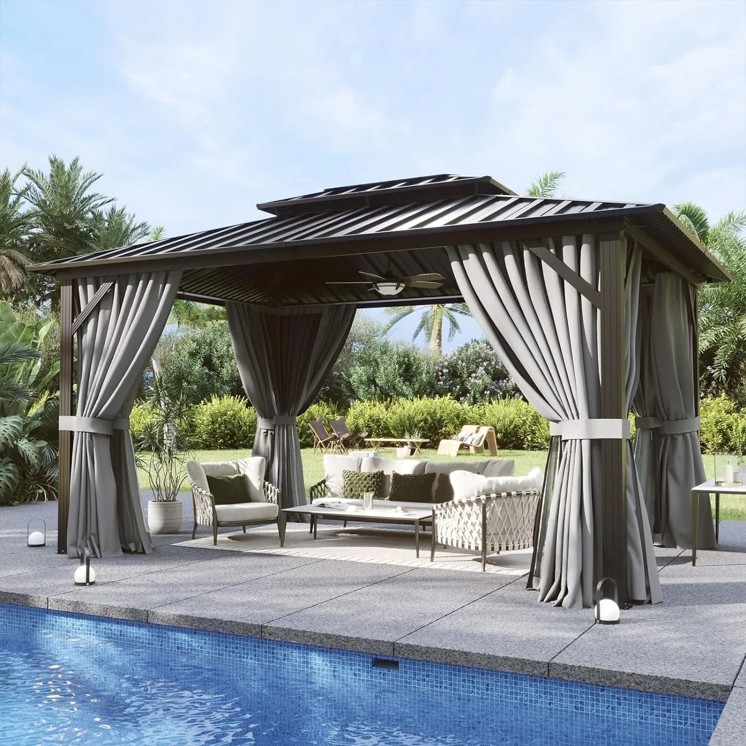 10'X12' Hardtop Gazebo, Aluminum Frame Canopy with Double Galvanized Steel Roof, Outdoor Metal Pavilion with Netting, Curtains for Backyard, Patio and Deck