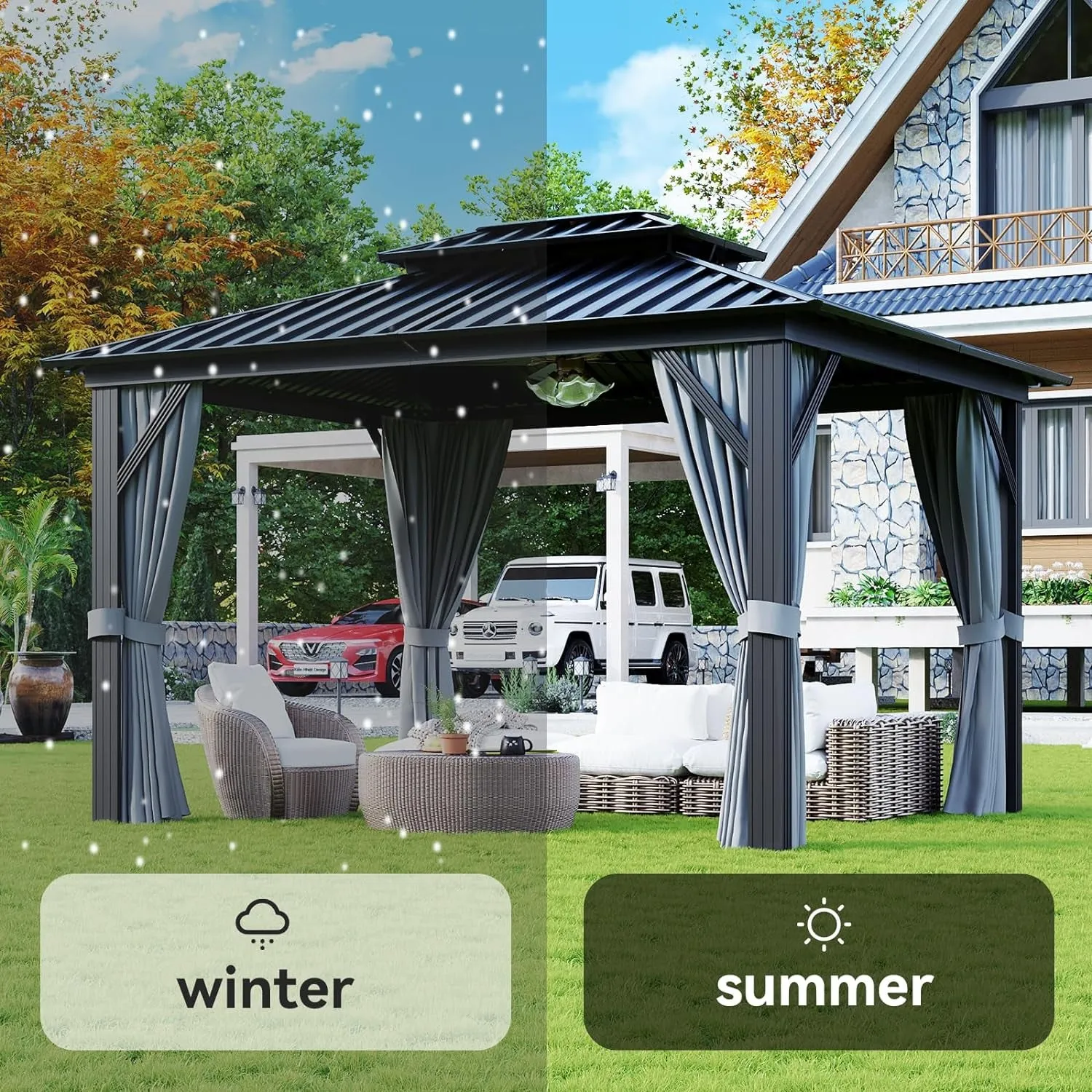 10'X12' Hardtop Gazebo, Aluminum Frame Canopy with Double Galvanized Steel Roof, Outdoor Metal Pavilion with Netting, Curtains for Backyard, Patio and Deck
