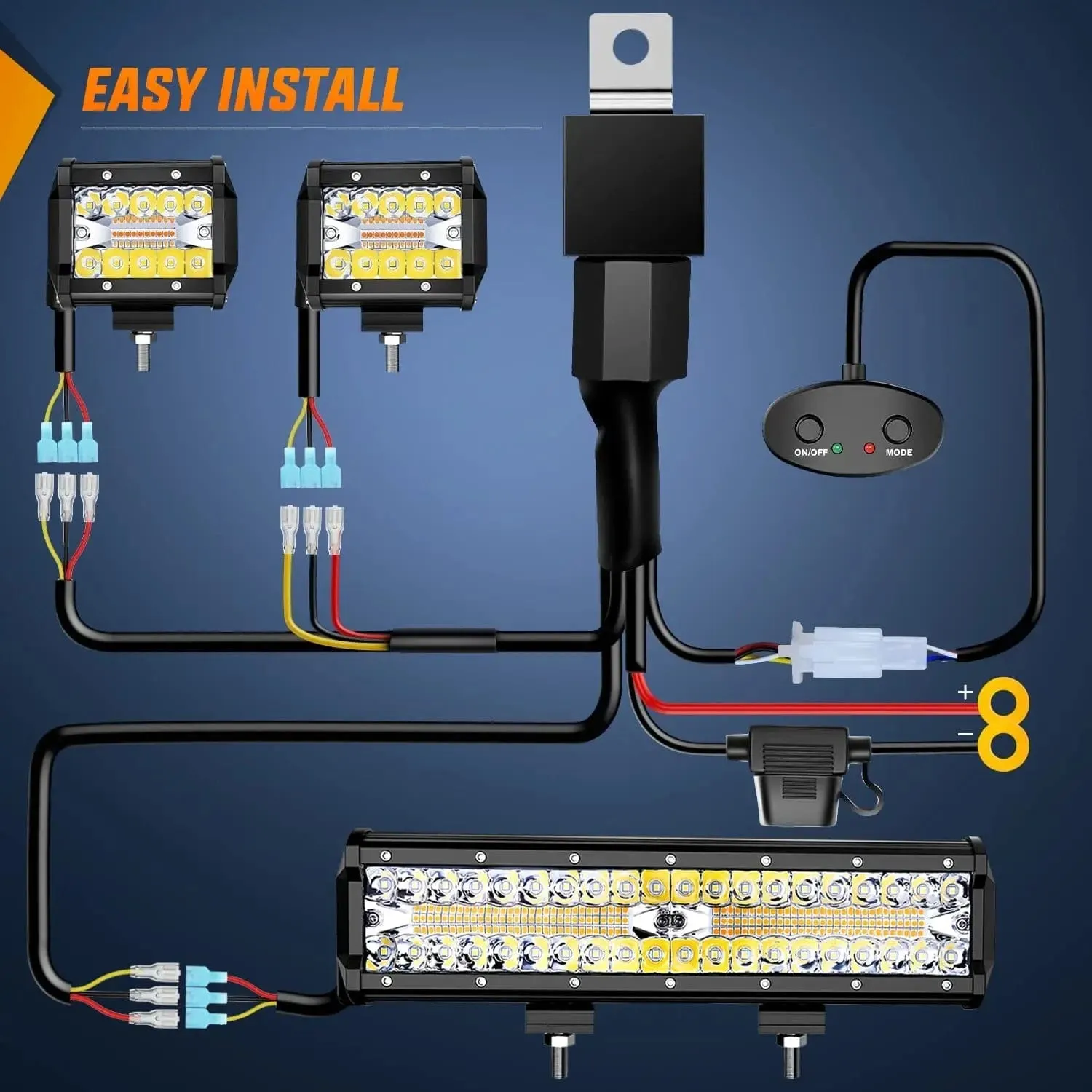 12 Inch 300W Amber White Led Light Bar Kit | 2PCS 4 Inch 60W Light Pods | 16AWG Wire