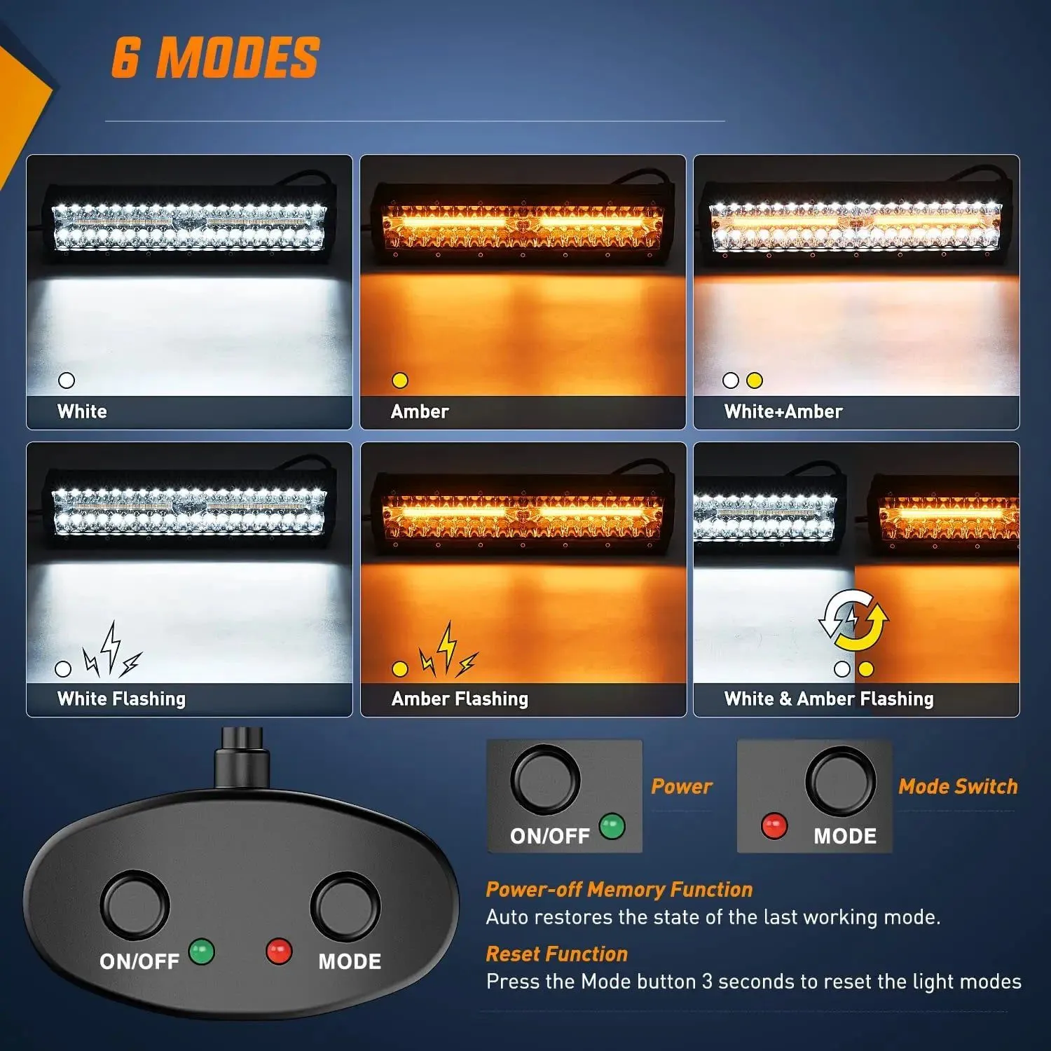 12 Inch 300W Amber White Triple Row Spot/Flood Led Light Bar Kit | 16AWG Wire