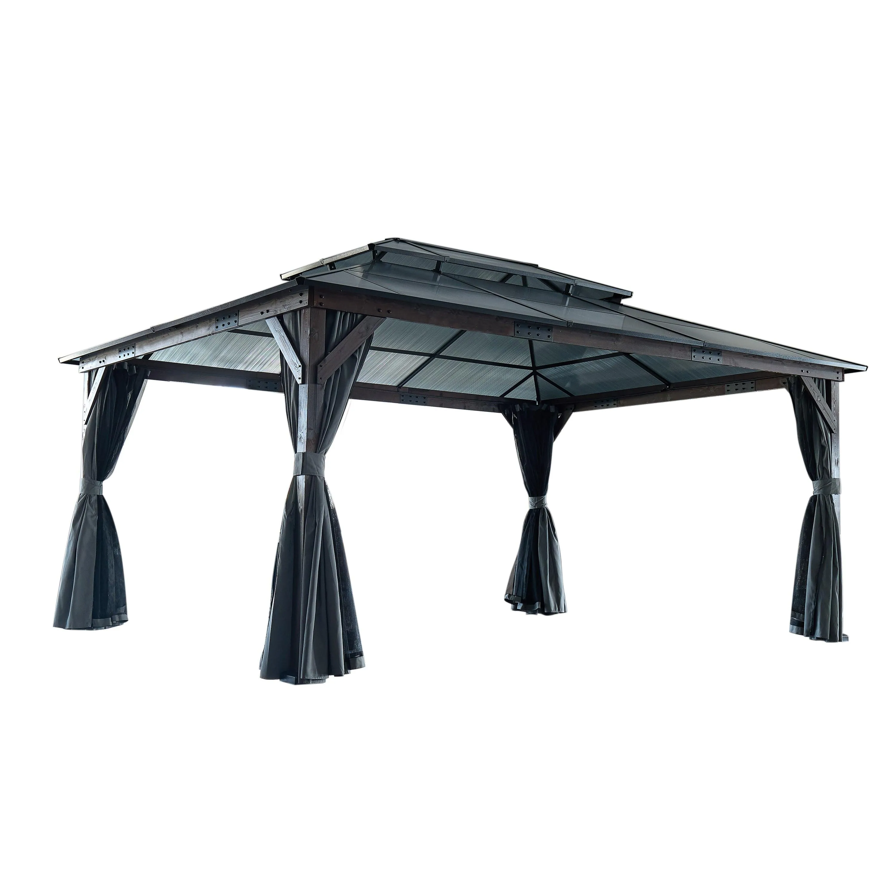 12' x 16' Gazebo for Patios,Gazebo with Polycarbonate Double Roof Canopy, Solid Wooden Framed Gazebo