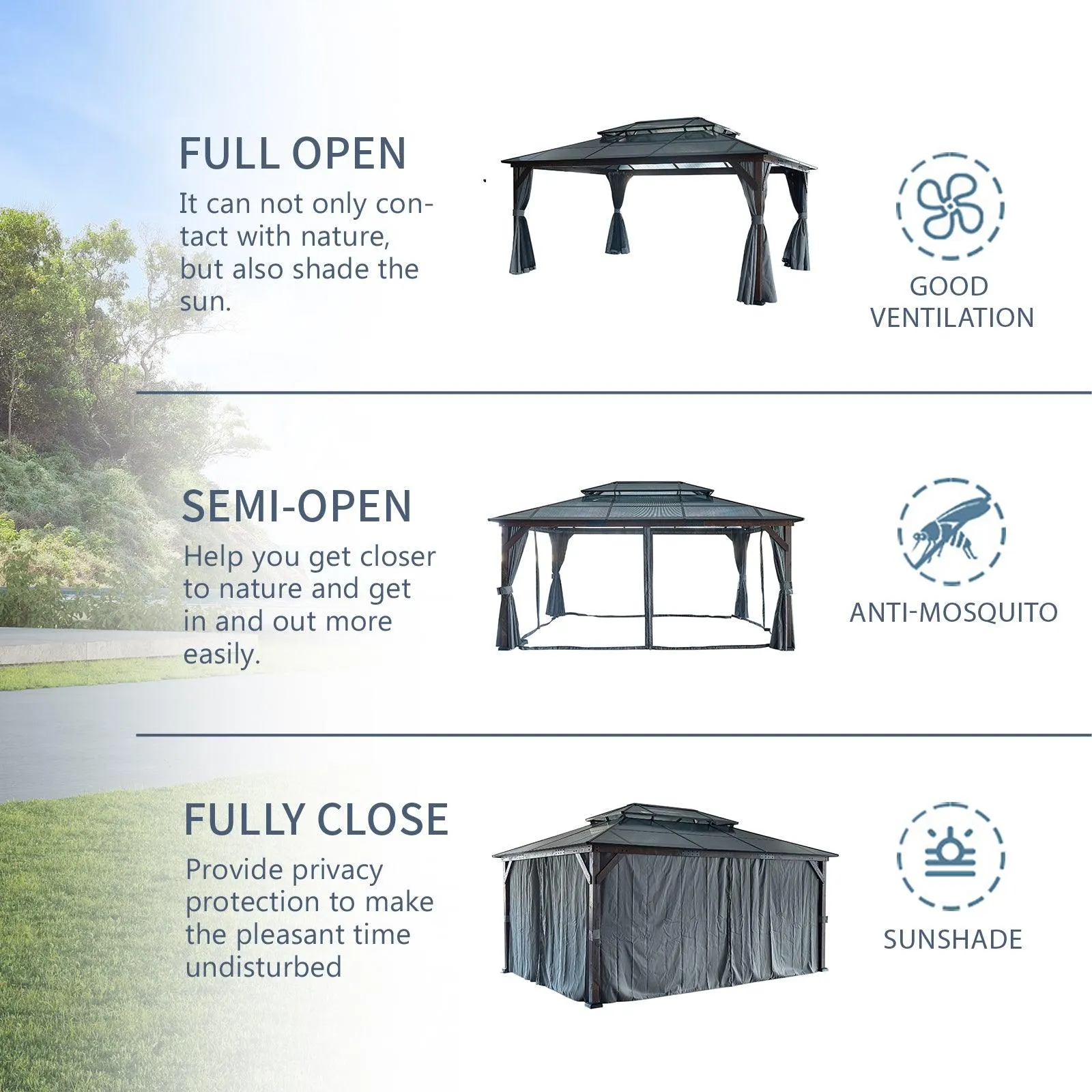 12' x 16' Gazebo for Patios,Gazebo with Polycarbonate Double Roof Canopy, Solid Wooden Framed Gazebo