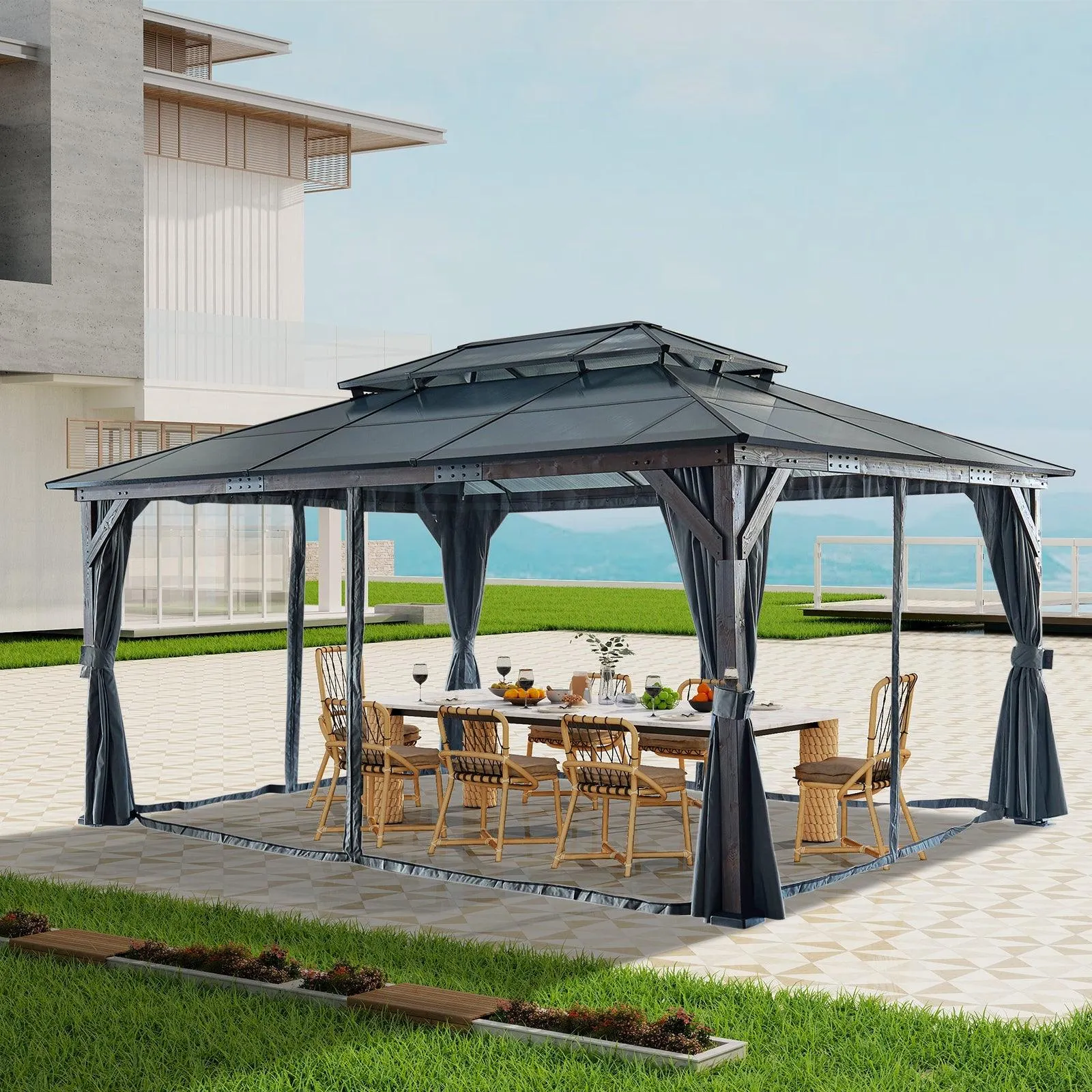12' x 16' Gazebo for Patios,Gazebo with Polycarbonate Double Roof Canopy, Solid Wooden Framed Gazebo