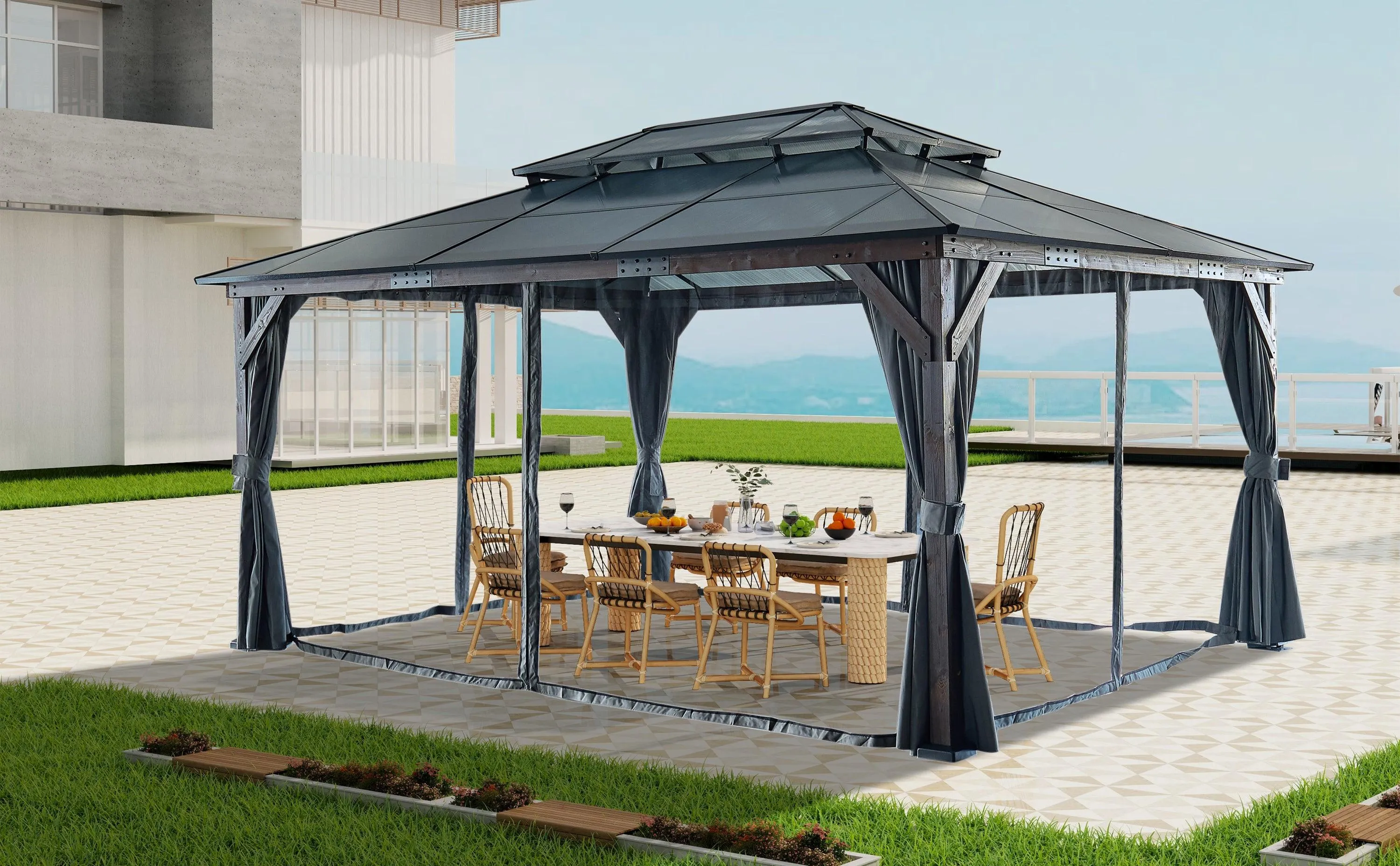12' x 16' Gazebo for Patios,Gazebo with Polycarbonate Double Roof Canopy, Solid Wooden Framed Gazebo