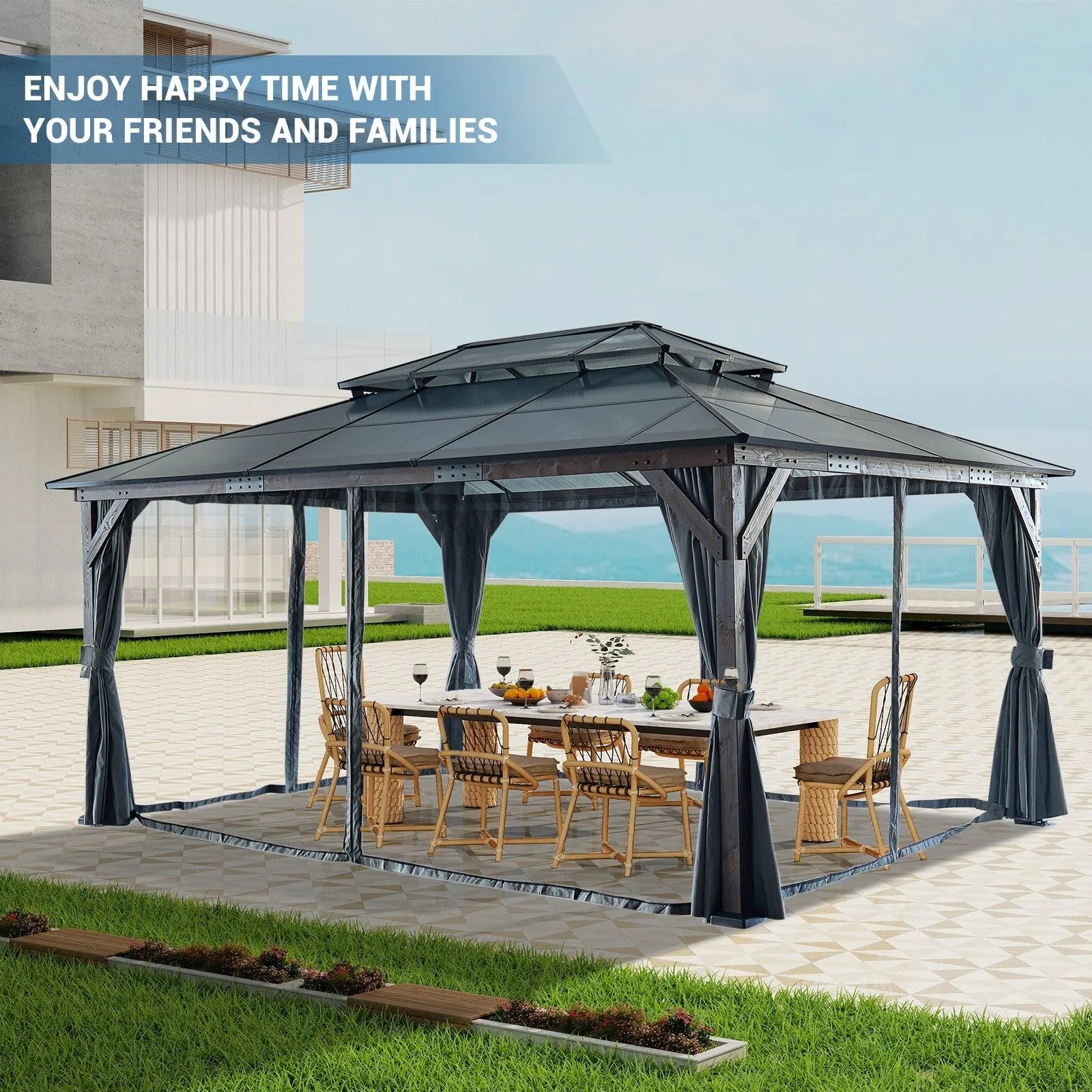 12' x 16' Gazebo for Patios,Gazebo with Polycarbonate Double Roof Canopy, Solid Wooden Framed Gazebo