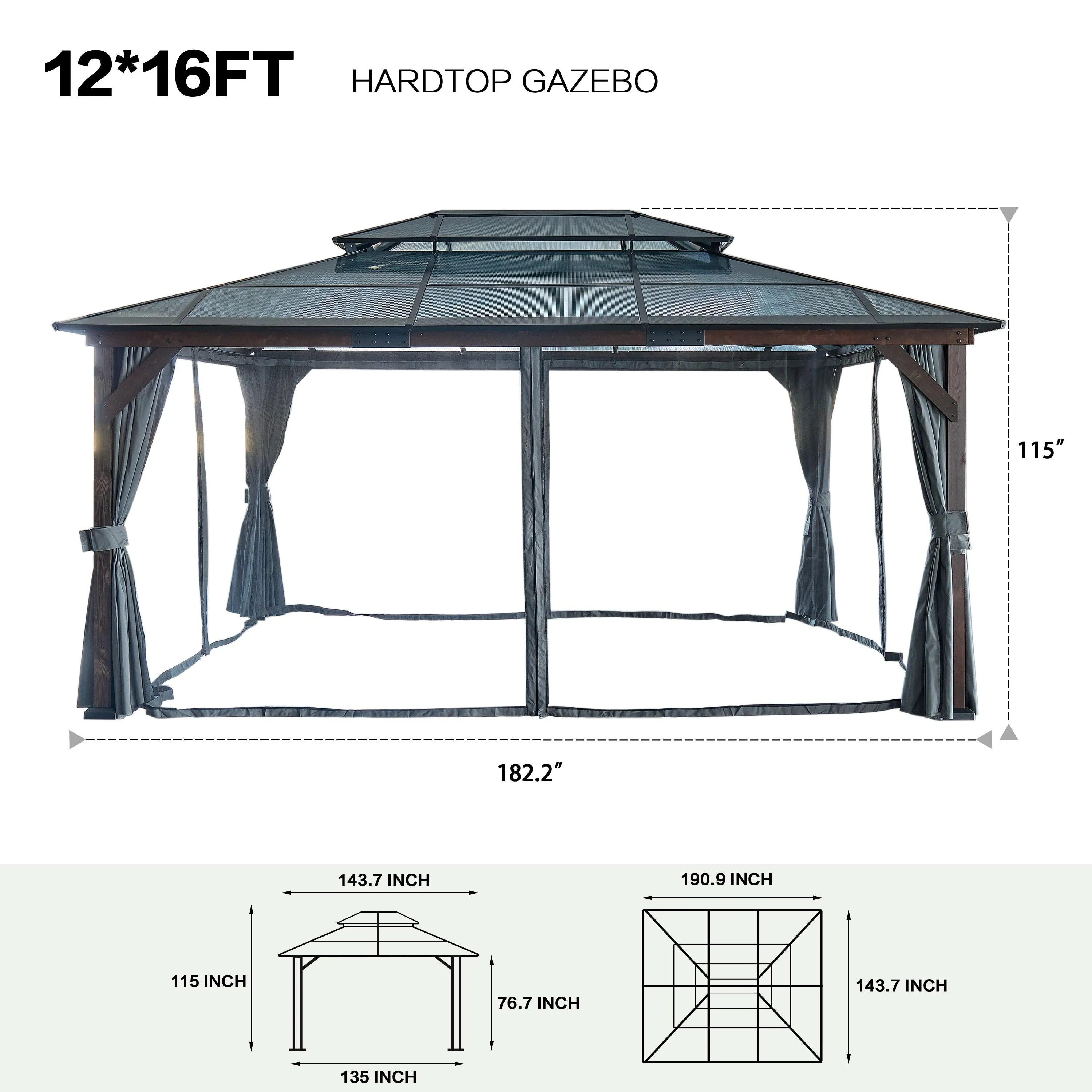 12' x 16' Gazebo for Patios,Gazebo with Polycarbonate Double Roof Canopy, Solid Wooden Framed Gazebo