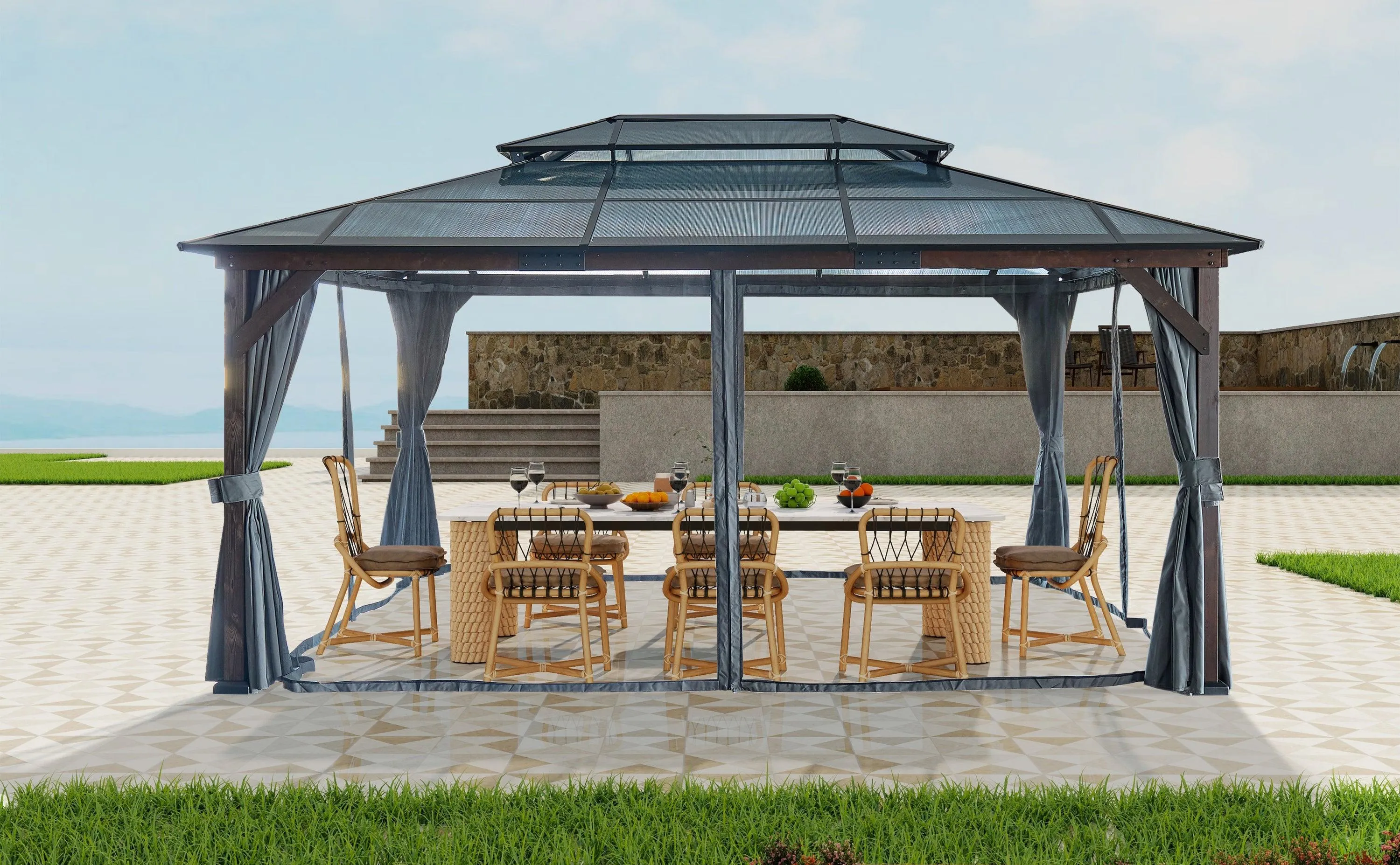 12' x 16' Gazebo for Patios,Gazebo with Polycarbonate Double Roof Canopy, Solid Wooden Framed Gazebo