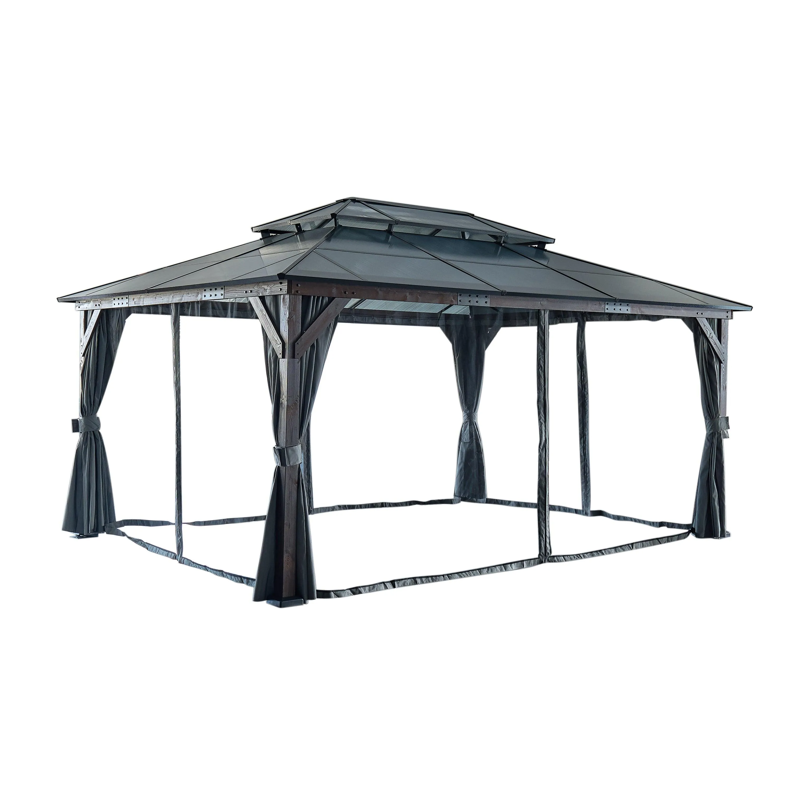 12' x 16' Gazebo for Patios,Gazebo with Polycarbonate Double Roof Canopy, Solid Wooden Framed Gazebo