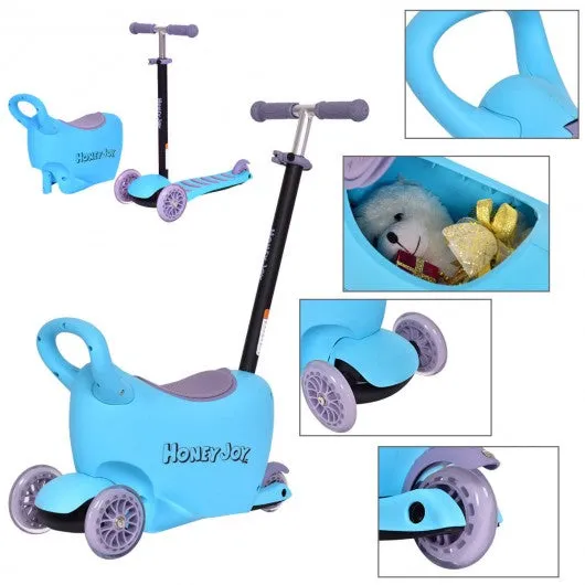3 in 1 Storage Kids Kick Wheel Scooter w/ Adjust Handle Bar-Blue