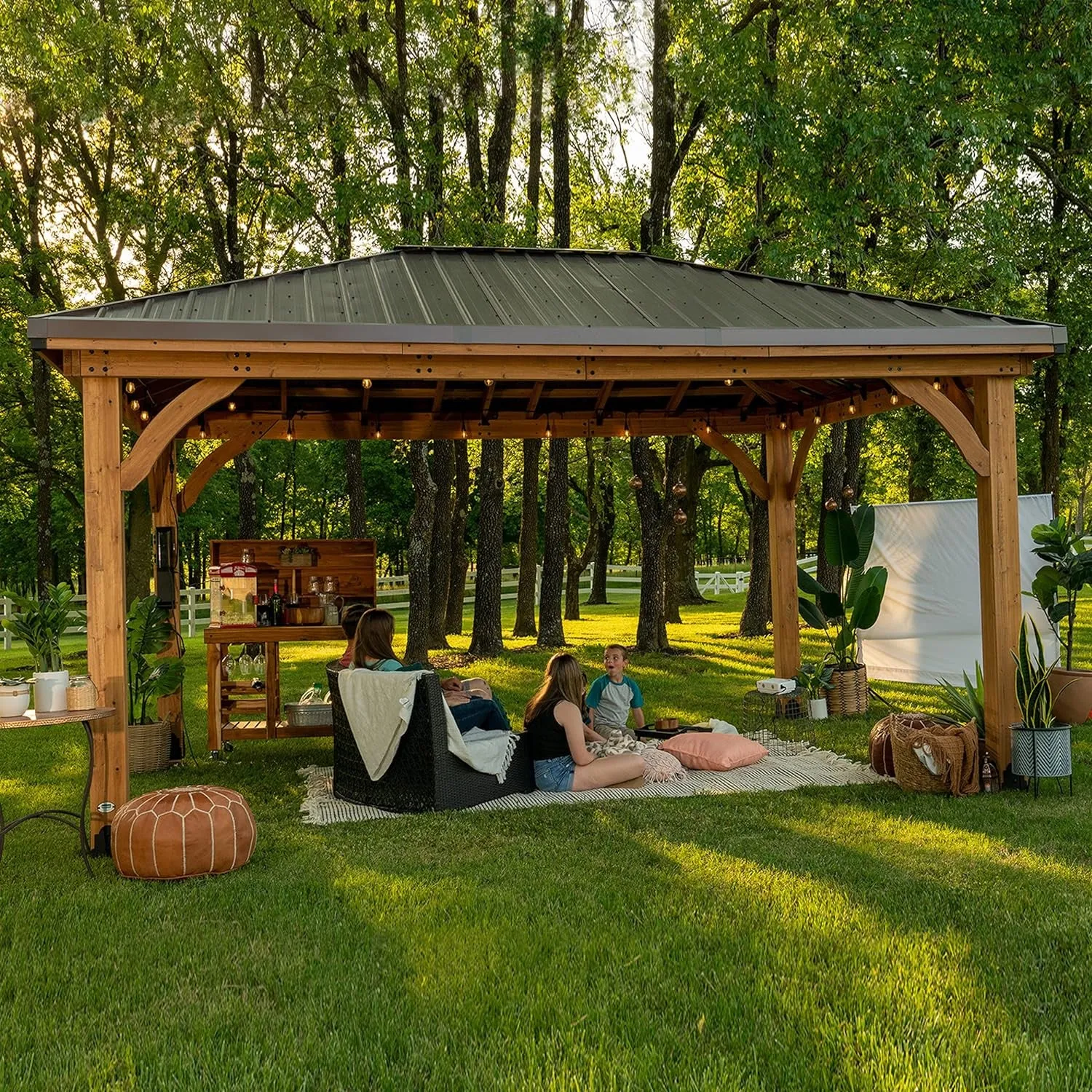Barrington 16 Ft. X 12 Ft. Hip Roof Cedar Wood Gazebo Pavilion, Shade, Rain, Hard Top Steel Metal Roof, All Weather Protected, Wind Resistant up to 100 Mph, Holds up to 10,100 Lbs