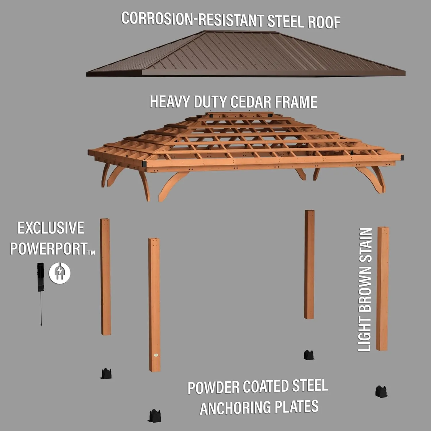 Barrington 16 Ft. X 12 Ft. Hip Roof Cedar Wood Gazebo Pavilion, Shade, Rain, Hard Top Steel Metal Roof, All Weather Protected, Wind Resistant up to 100 Mph, Holds up to 10,100 Lbs