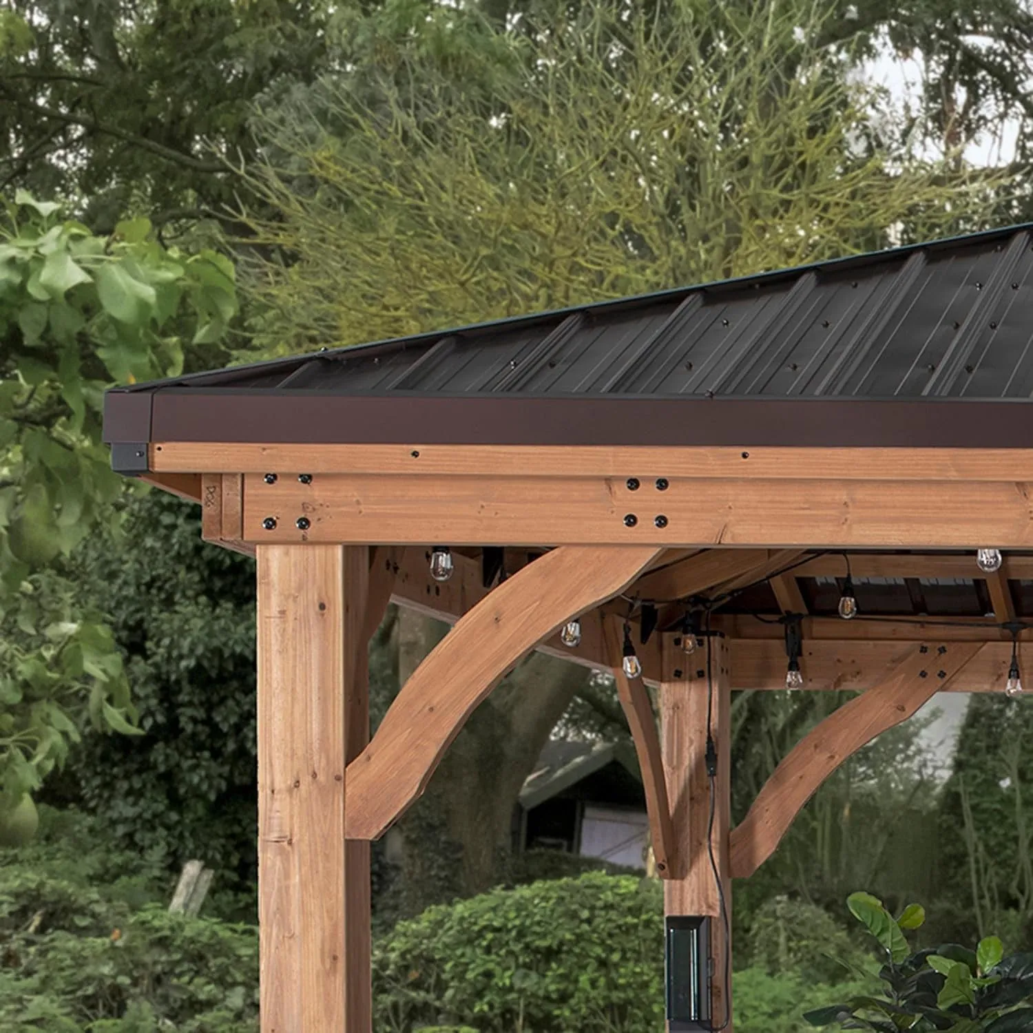 Barrington 16 Ft. X 12 Ft. Hip Roof Cedar Wood Gazebo Pavilion, Shade, Rain, Hard Top Steel Metal Roof, All Weather Protected, Wind Resistant up to 100 Mph, Holds up to 10,100 Lbs