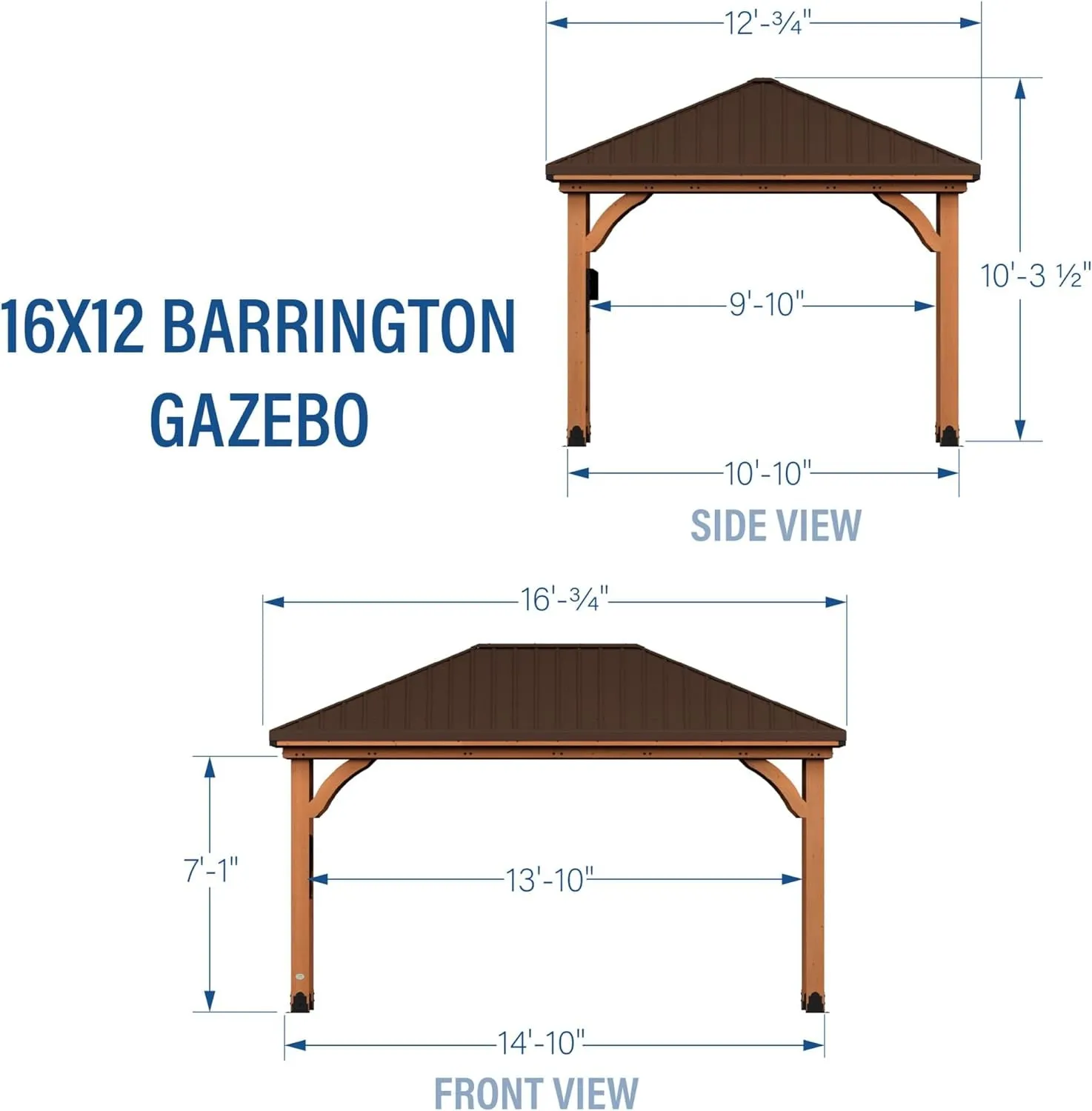 Barrington 16 Ft. X 12 Ft. Hip Roof Cedar Wood Gazebo Pavilion, Shade, Rain, Hard Top Steel Metal Roof, All Weather Protected, Wind Resistant up to 100 Mph, Holds up to 10,100 Lbs