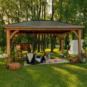 Barrington 16 Ft. X 12 Ft. Hip Roof Cedar Wood Gazebo Pavilion, Shade, Rain, Hard Top Steel Metal Roof, All Weather Protected, Wind Resistant up to 100 Mph, Holds up to 10,100 Lbs
