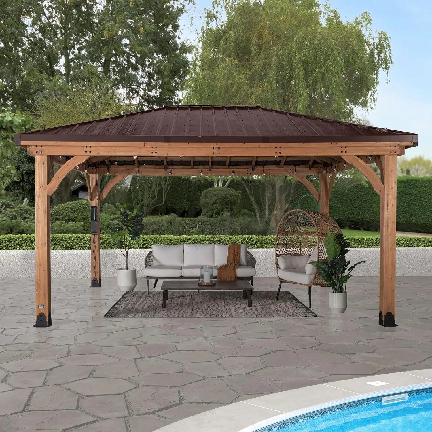 Barrington 16 Ft. X 12 Ft. Hip Roof Cedar Wood Gazebo Pavilion, Shade, Rain, Hard Top Steel Metal Roof, All Weather Protected, Wind Resistant up to 100 Mph, Holds up to 10,100 Lbs