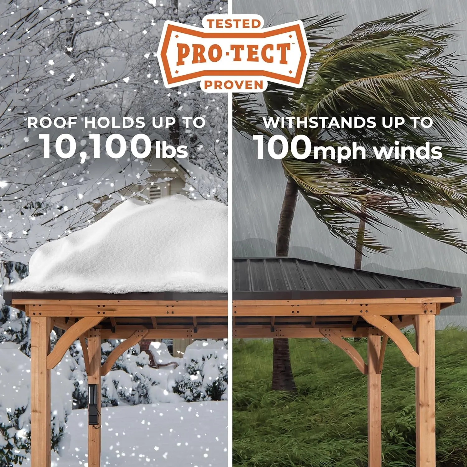 Barrington 16 Ft. X 12 Ft. Hip Roof Cedar Wood Gazebo Pavilion, Shade, Rain, Hard Top Steel Metal Roof, All Weather Protected, Wind Resistant up to 100 Mph, Holds up to 10,100 Lbs