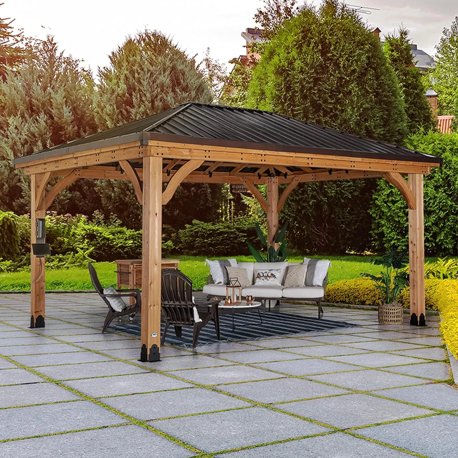 Barrington 16 Ft. X 12 Ft. Hip Roof Cedar Wood Gazebo Pavilion, Shade, Rain, Hard Top Steel Metal Roof, All Weather Protected, Wind Resistant up to 100 Mph, Holds up to 10,100 Lbs