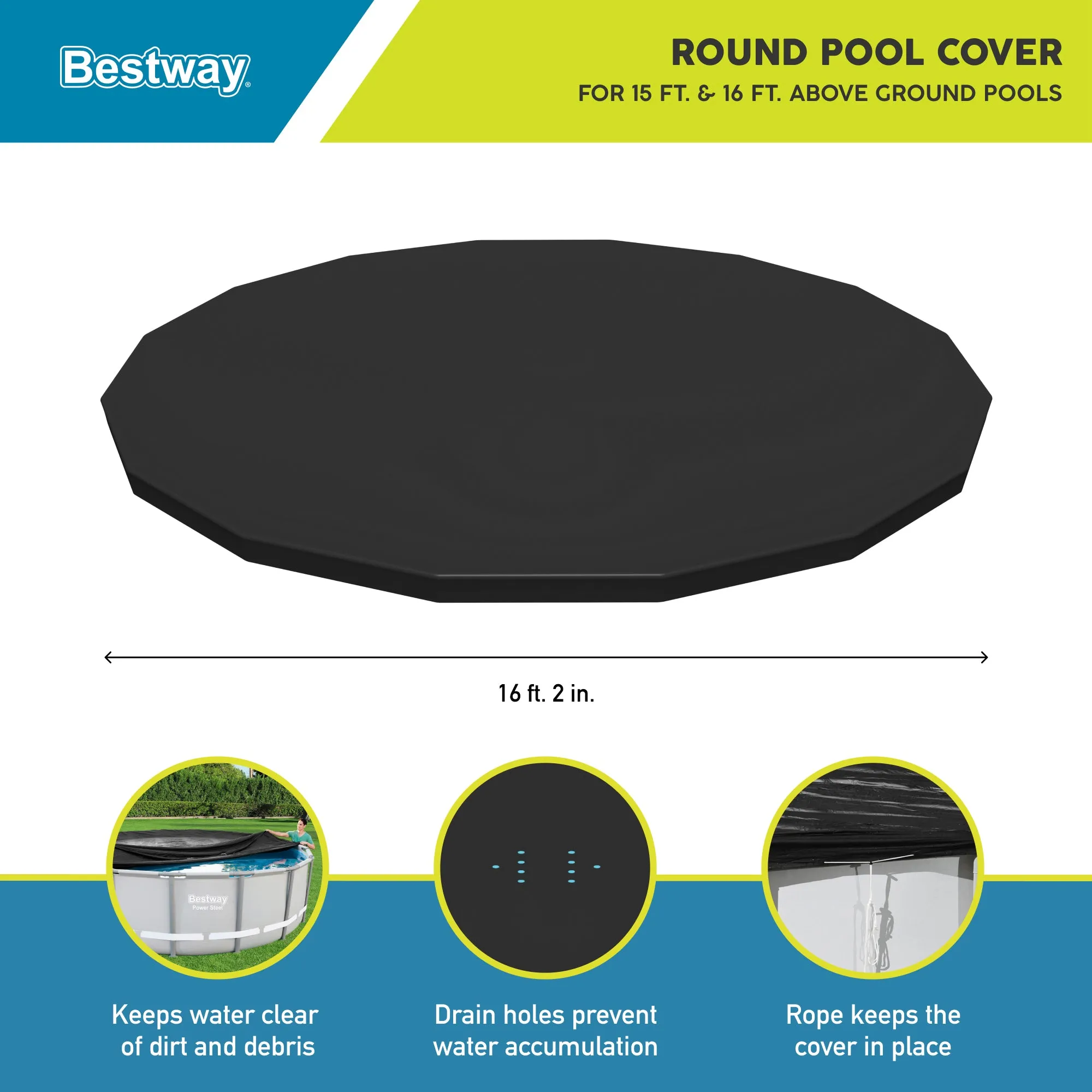 Bestway Round PVC 16 Foot Pool Cover for Above Ground Pro Frame Pools (Used)