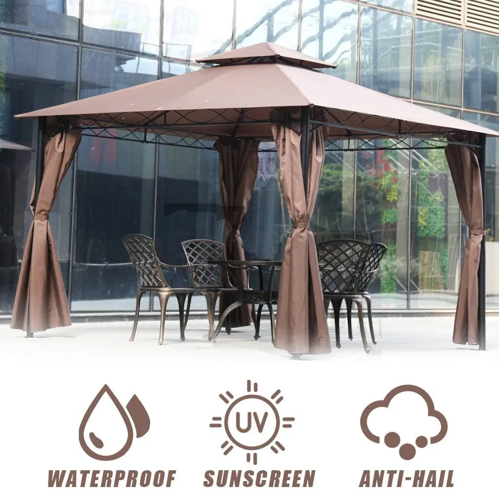 Canopy Tent Gazebo 10' X 13' Grill Gazebo for Patios BBQ Outdoor Patio Large Garden Top Gazebo with Sidewall Party Tent Brown