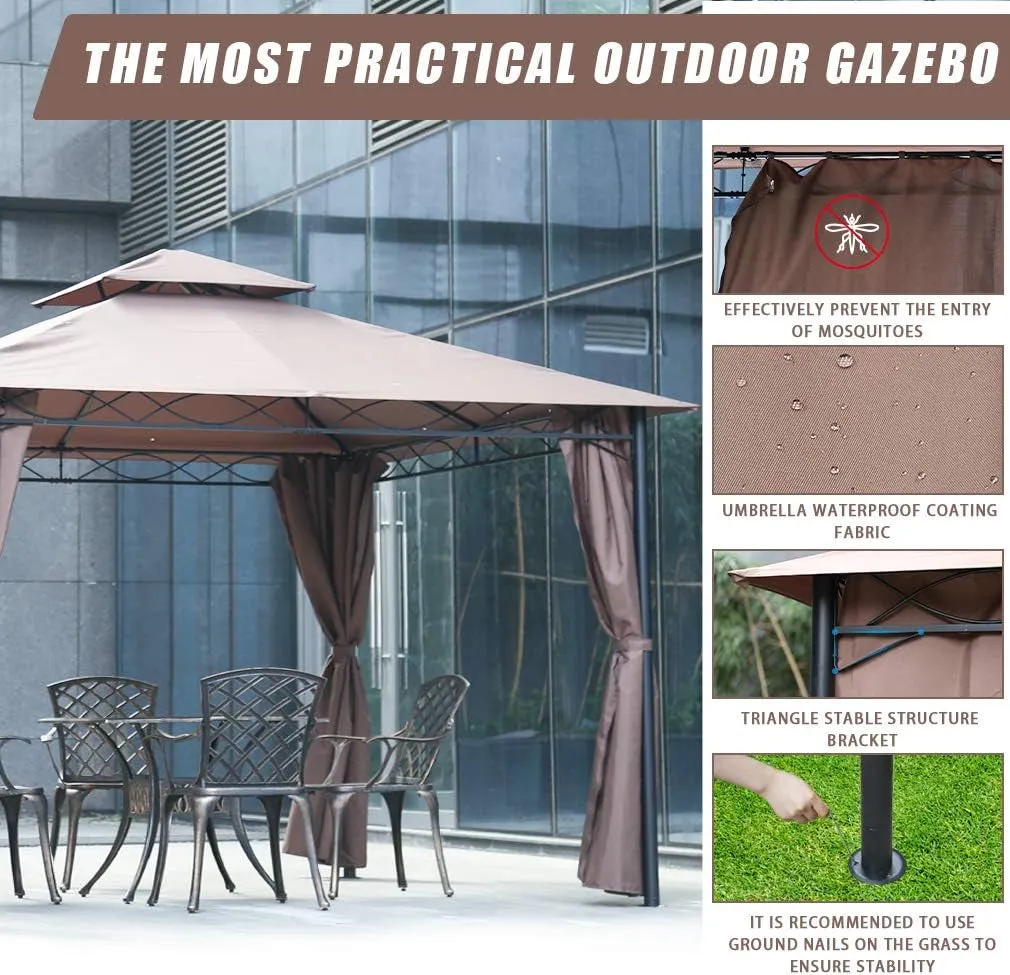 Canopy Tent Gazebo 10' X 13' Grill Gazebo for Patios BBQ Outdoor Patio Large Garden Top Gazebo with Sidewall Party Tent Brown
