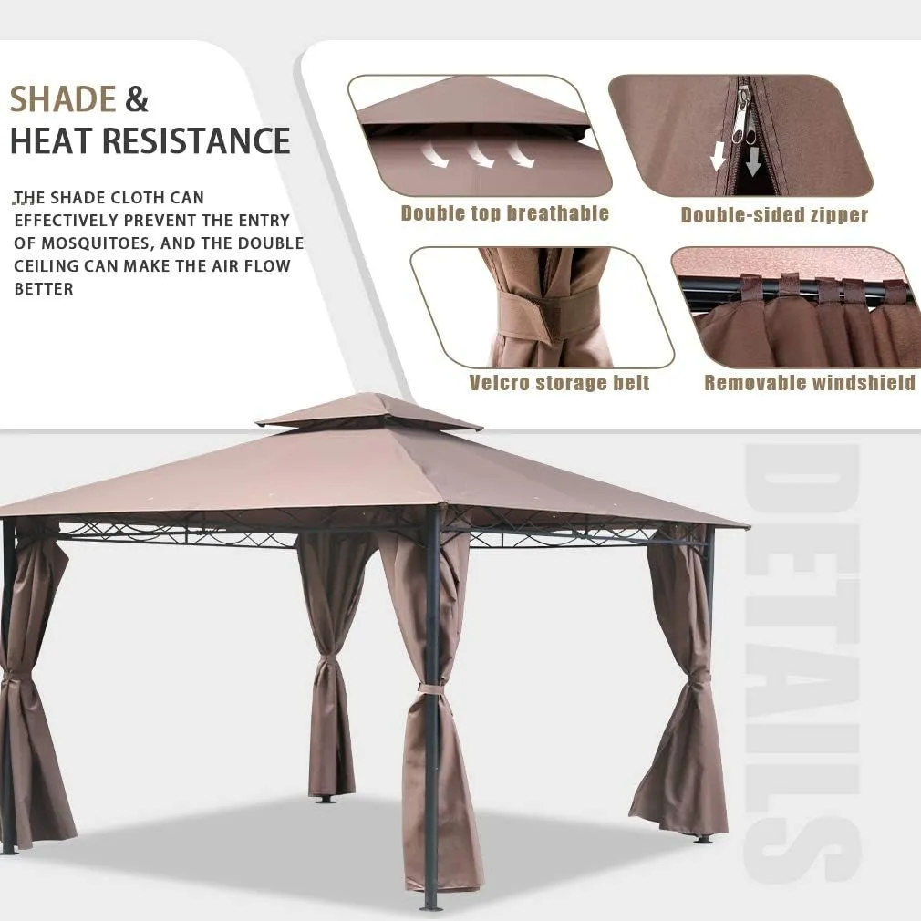 Canopy Tent Gazebo 10' X 13' Grill Gazebo for Patios BBQ Outdoor Patio Large Garden Top Gazebo with Sidewall Party Tent Brown