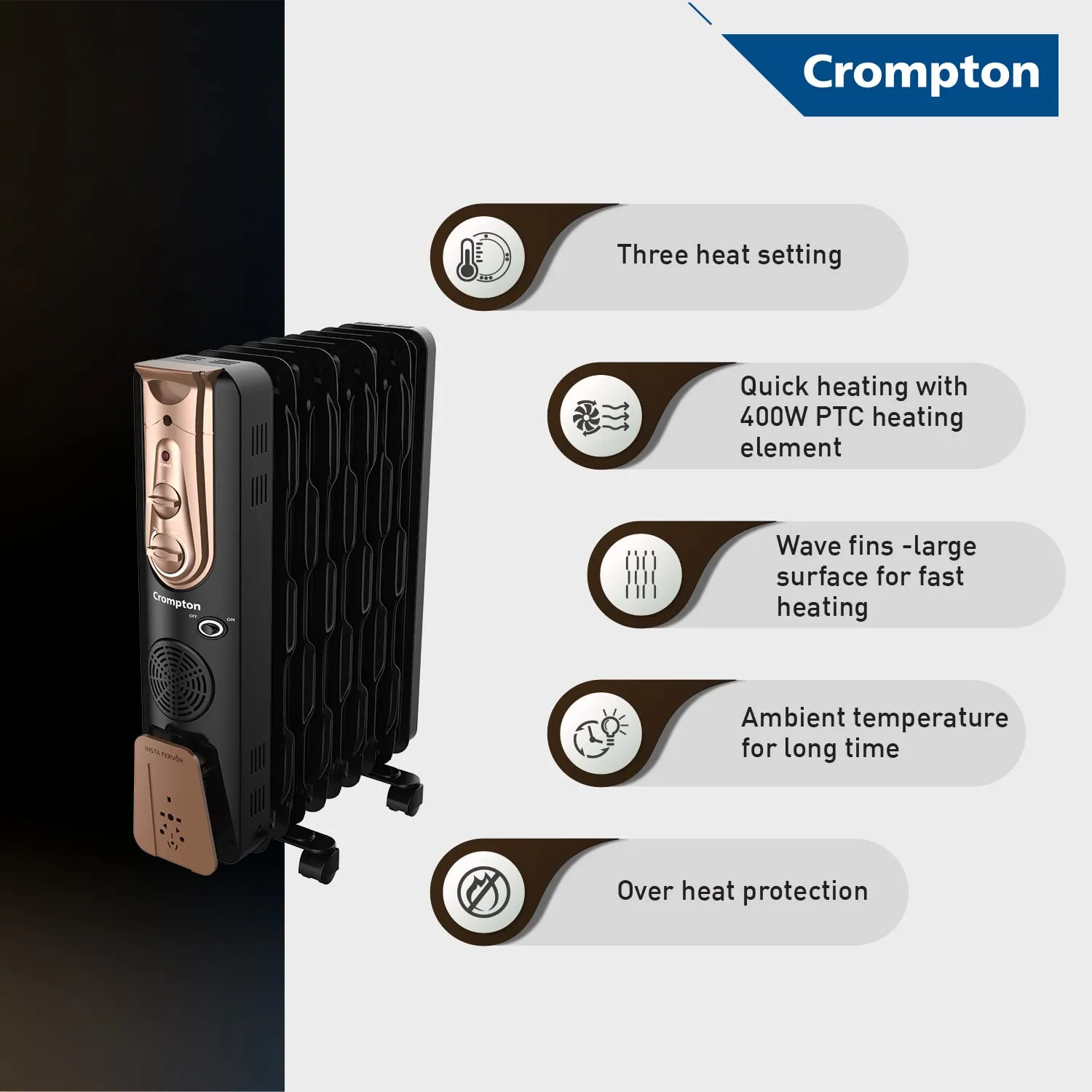 Crompton Insta Fervor 11F 2900 Watts Oil Field Heater 400 Watts PTC Element with Fan, Black Gold