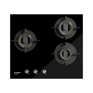 Crompton SensoSafe 60cm 3 Burners Built-in Gas Hob With High Efficiency Brass Burners, Auto-Ignition and 8 MM Toughened Glass (HOB-SSHB603-MBL, Midnight Black)