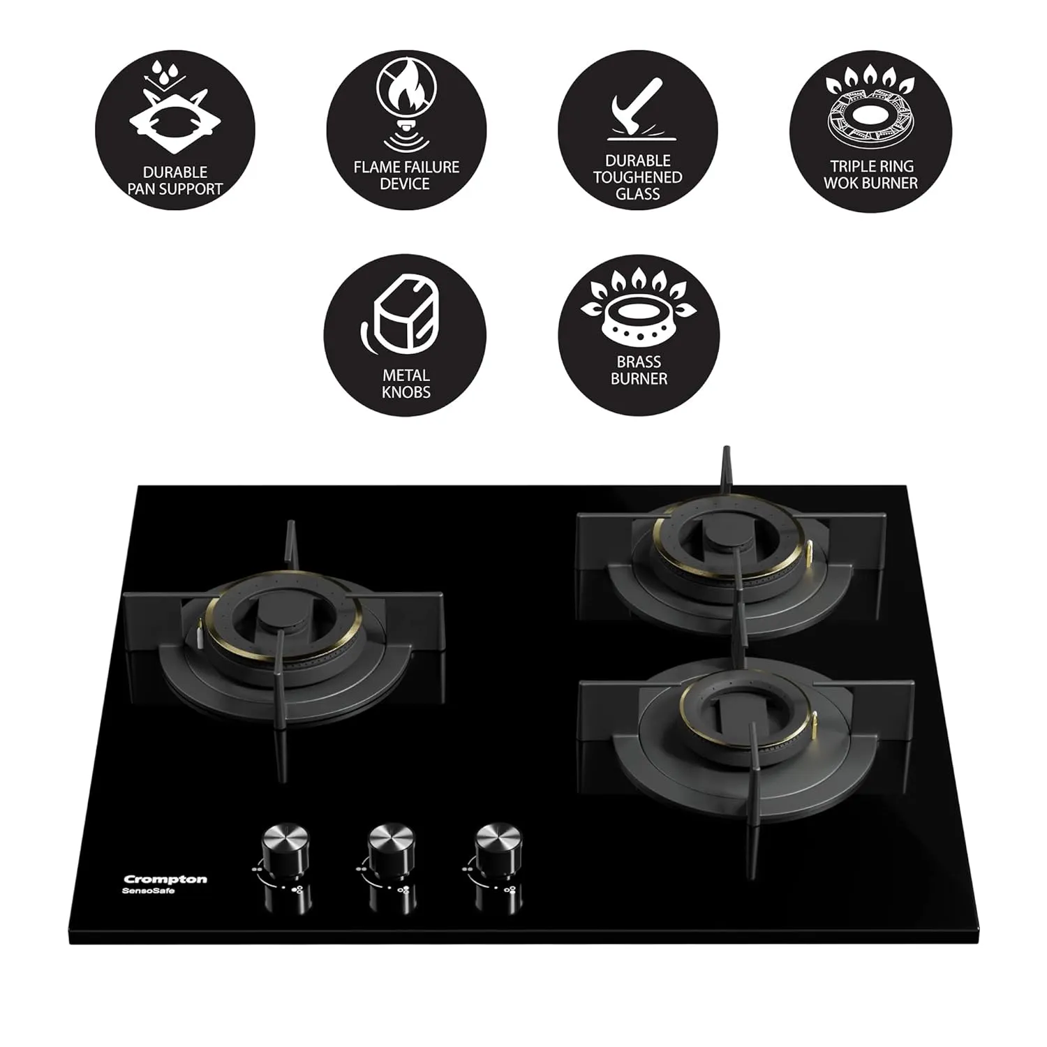 Crompton SensoSafe 60cm 3 Burners Built-in Gas Hob With High Efficiency Brass Burners, Auto-Ignition and 8 MM Toughened Glass (HOB-SSHB603-MBL, Midnight Black)