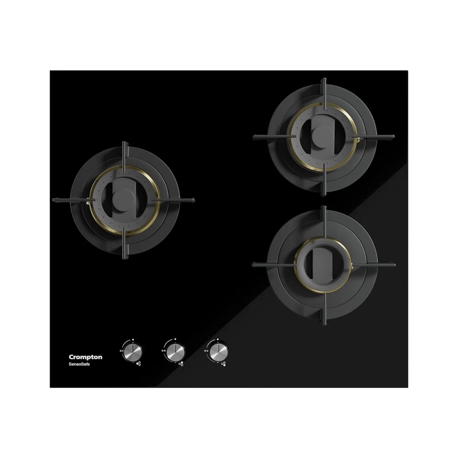 Crompton SensoSafe 60cm 3 Burners Built-in Gas Hob With High Efficiency Brass Burners, Auto-Ignition and 8 MM Toughened Glass (HOB-SSHB603-MBL, Midnight Black)