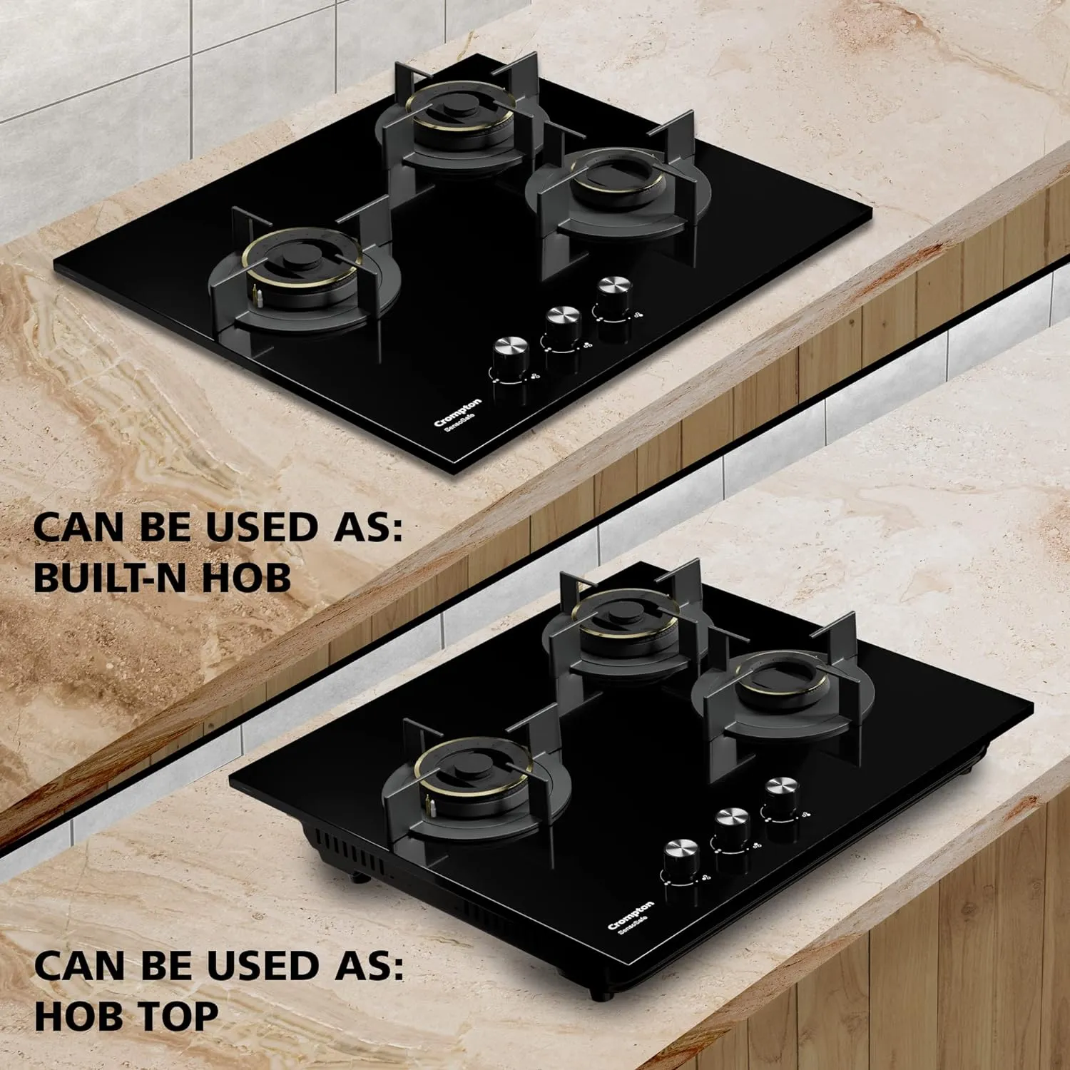 Crompton SensoSafe 60cm 3 Burners Built-in Gas Hob With High Efficiency Brass Burners, Auto-Ignition and 8 MM Toughened Glass (HOB-SSHB603-MBL, Midnight Black)