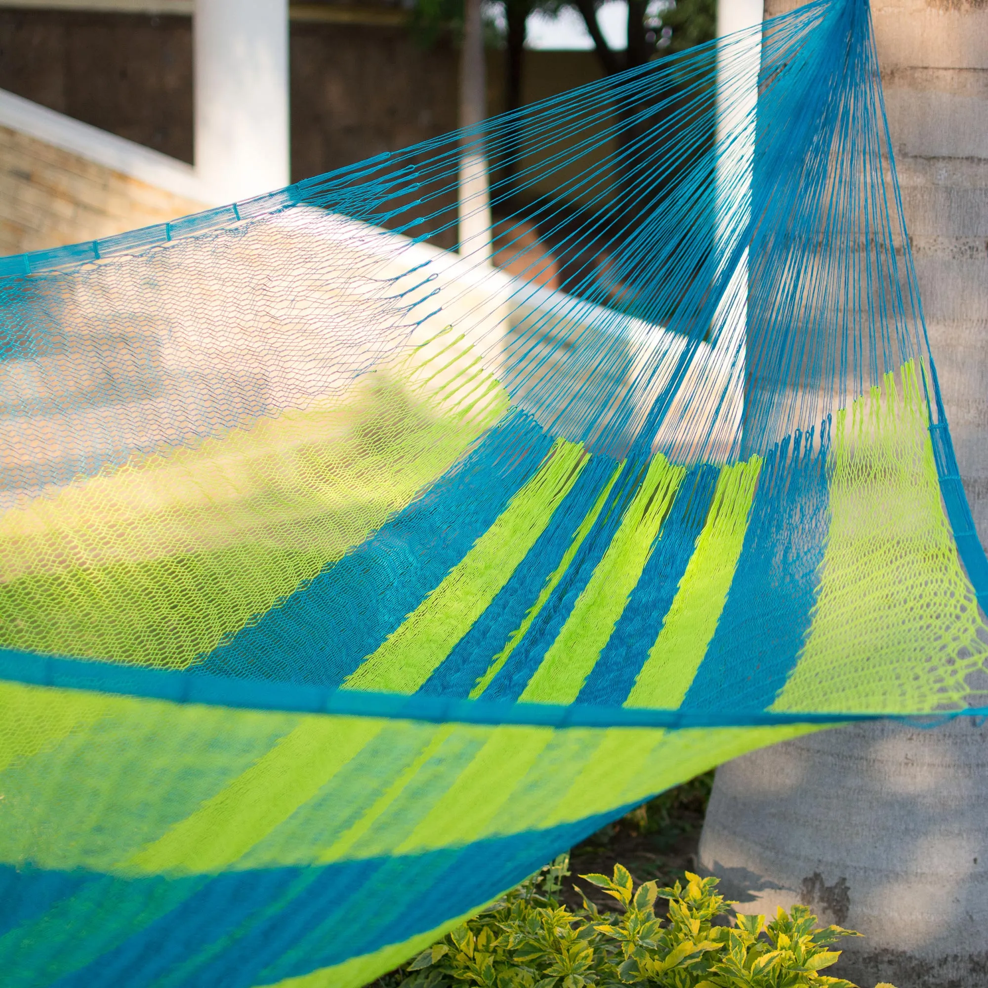 Fluorescent Tropics Neon Green and Blue Hand Woven Nylon Maya Hammock (Single)