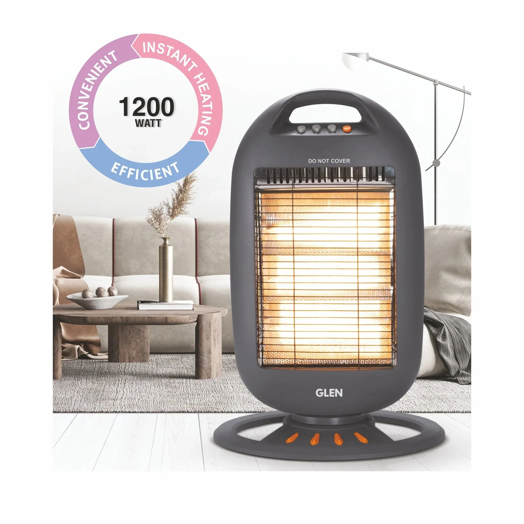 Glen HA7017 HL BL Electric Halogen Room Heater with 3 Heat Settings Grey/Black