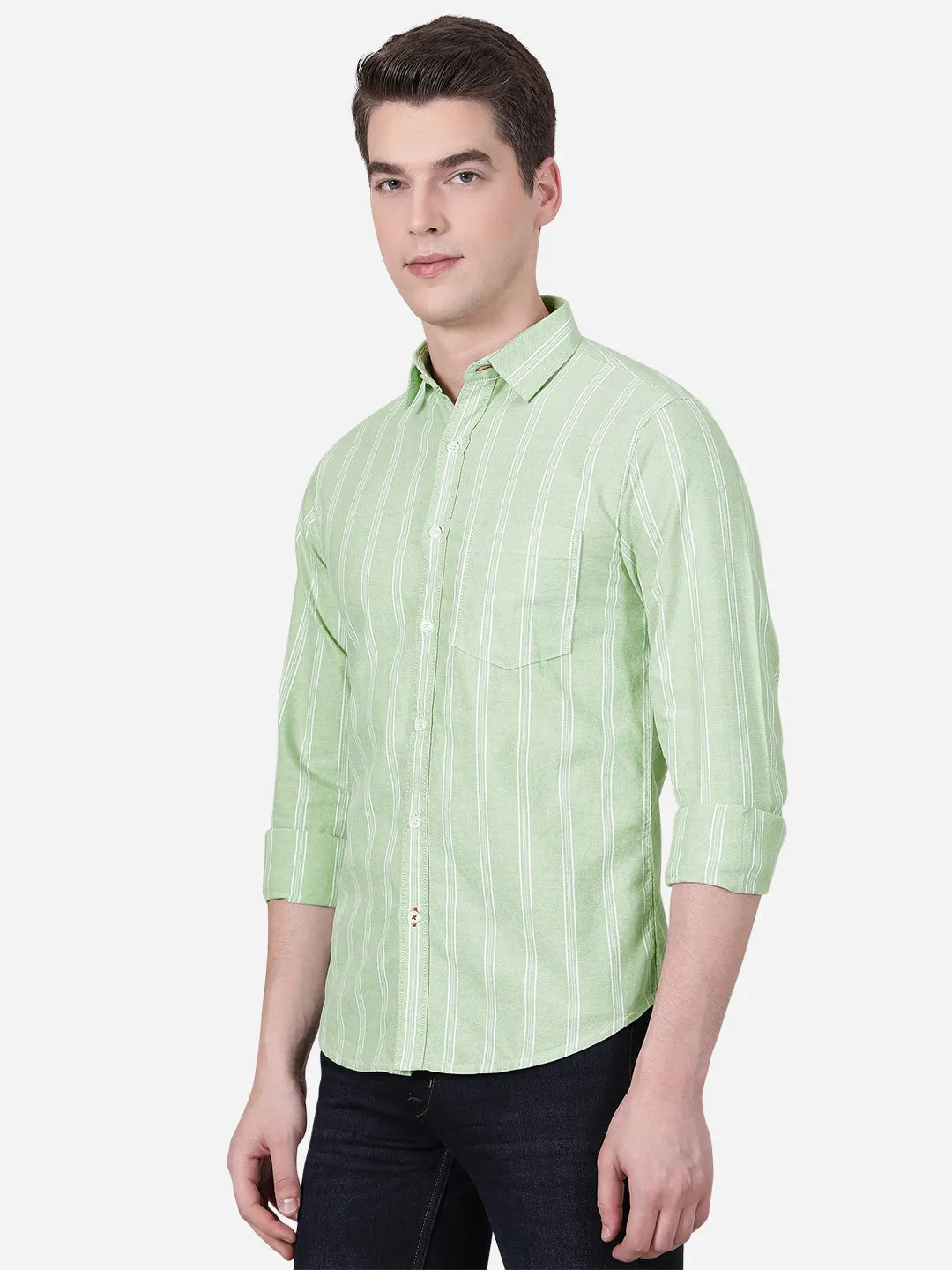 Green Striped Slim Fit Semi Casual Shirt | Greenfibre