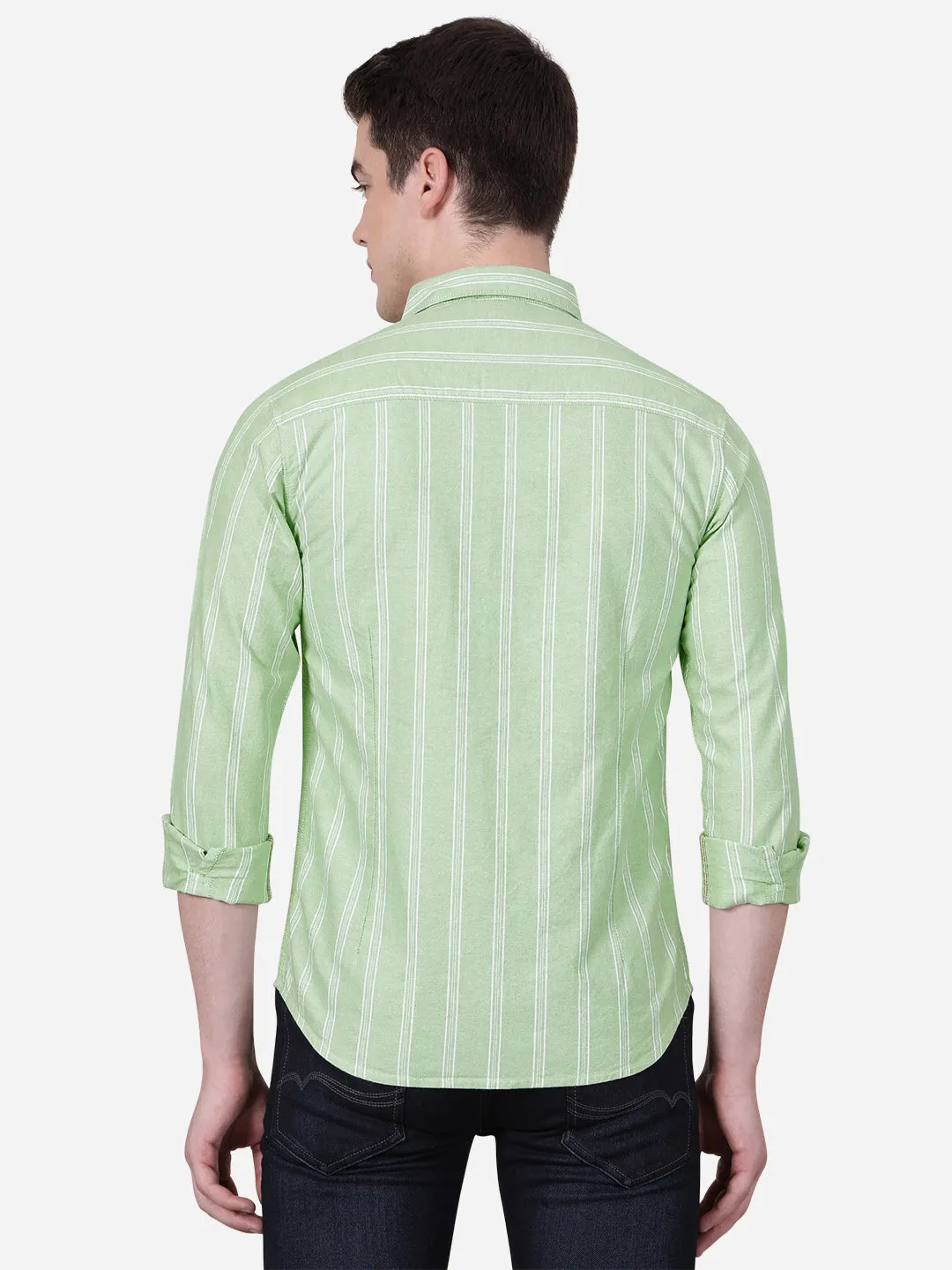 Green Striped Slim Fit Semi Casual Shirt | Greenfibre