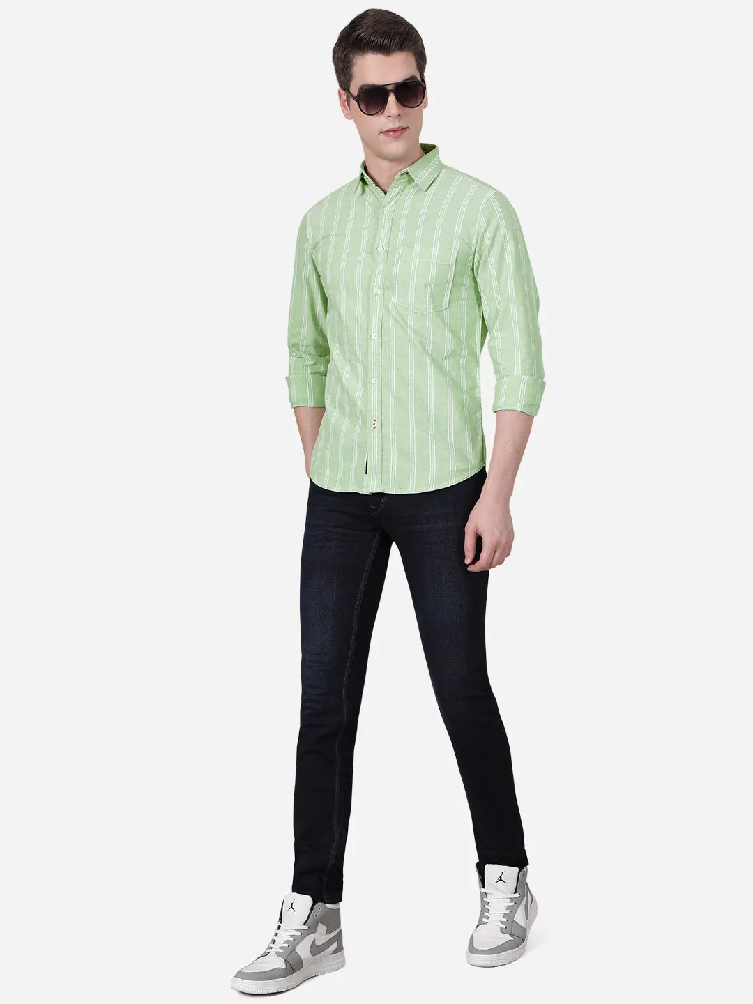 Green Striped Slim Fit Semi Casual Shirt | Greenfibre