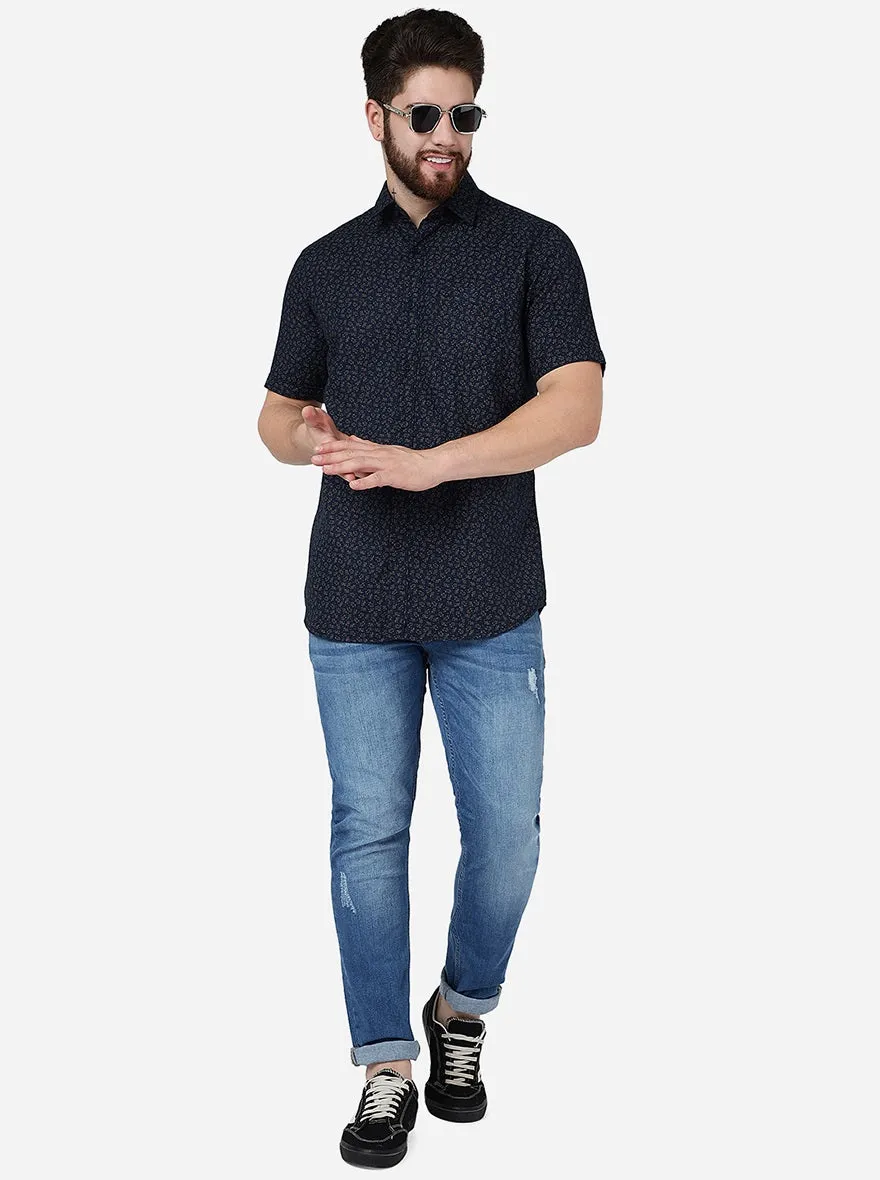 Insignia Blue Printed Slim Fit Casual Shirt | JadeBlue