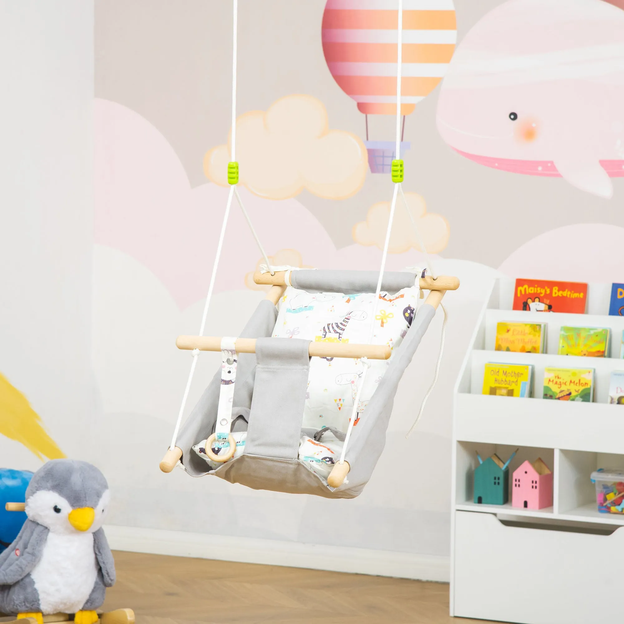 Kids Hammock Chair, Baby Relax Hanging Swing, with Cotton Padded Pillow, Wooden Frame, Indoor Outdoor Use, Aged 6-36 months, Grey