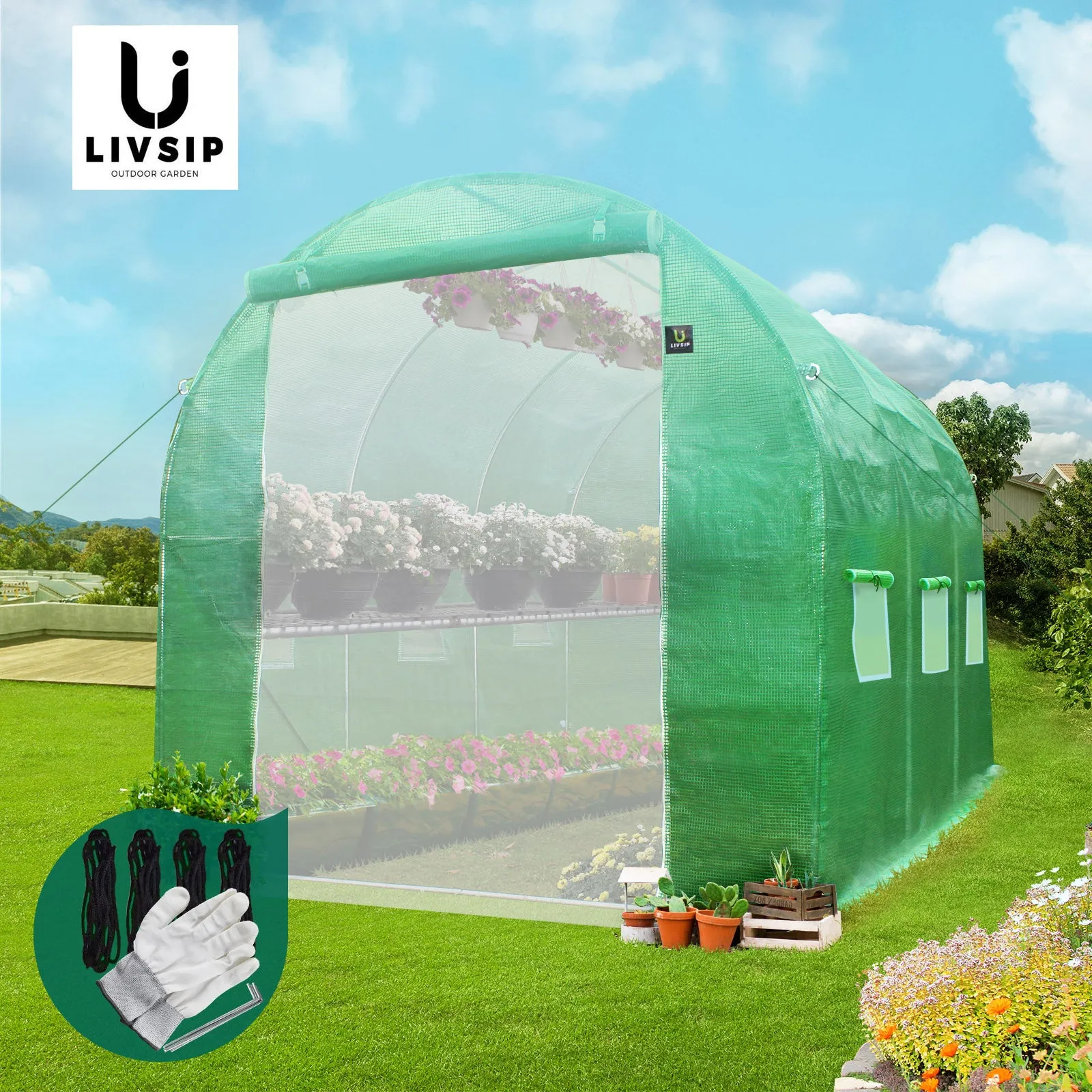 Livsip Greenhouse Walk in Garden Shed Green House 3X2X2M Plant Storage Lawn