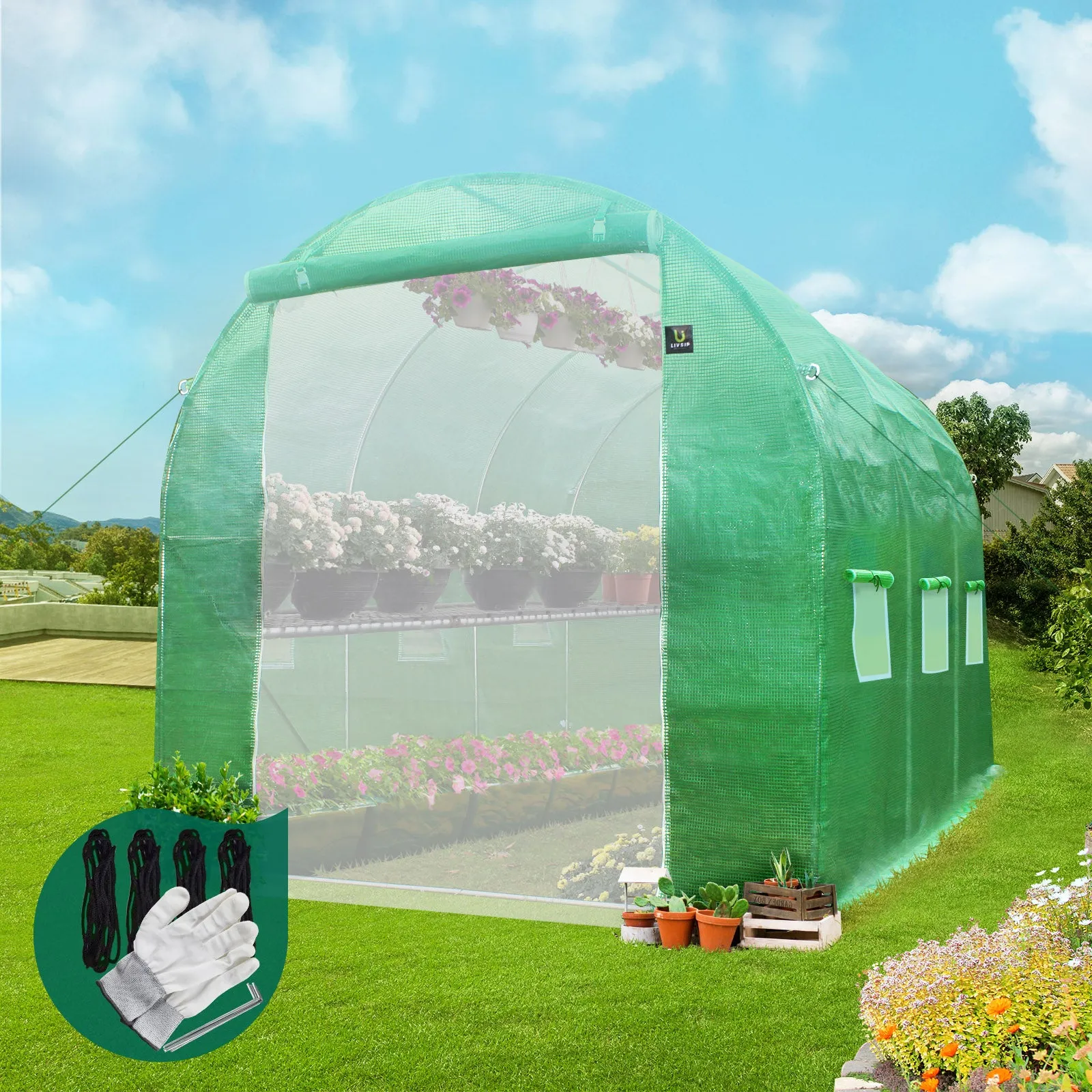 Livsip Greenhouse Walk in Garden Shed Green House 3X2X2M Plant Storage Lawn