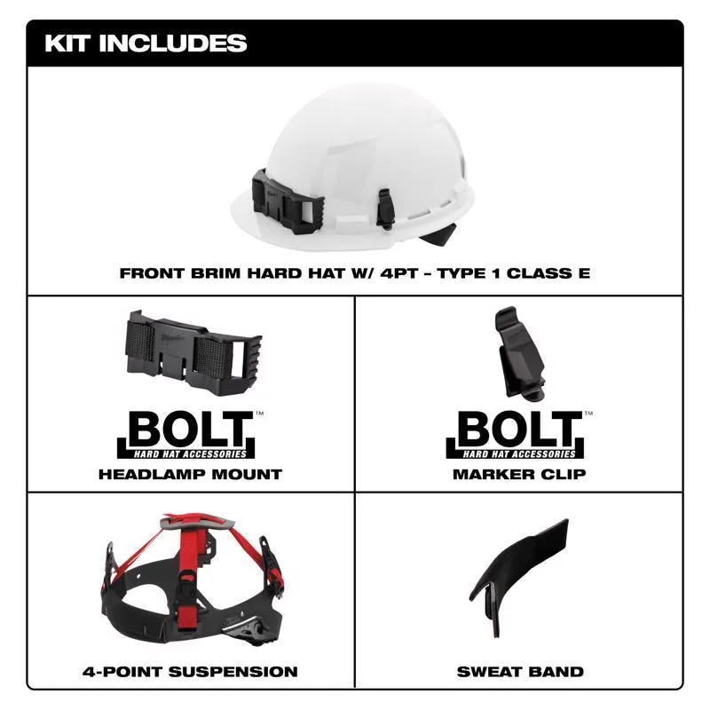 Milwaukee BOLT 4-Point Ratchet Type 1 Class E Non-Vented Front Brim Hard Hat White