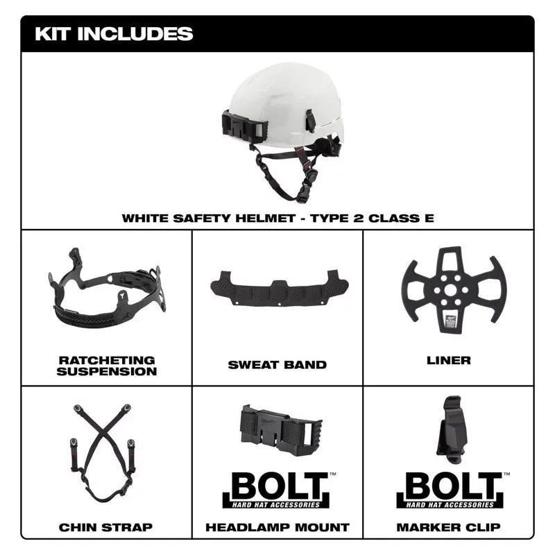 Milwaukee BOLT Ratchet Type II Class E Non-Vented Safety Helmet White