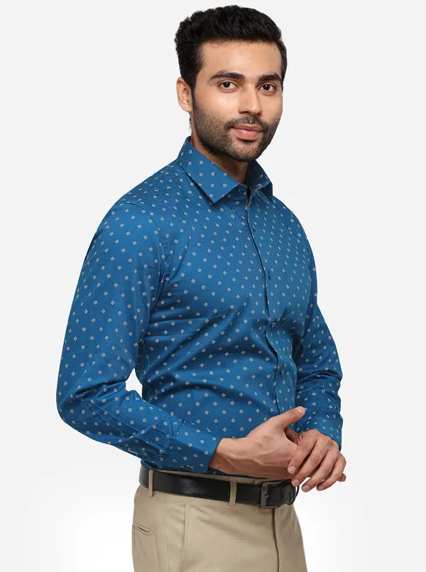 Olympic Blue Printed Regular Fit Formal Shirt | Greenfibre