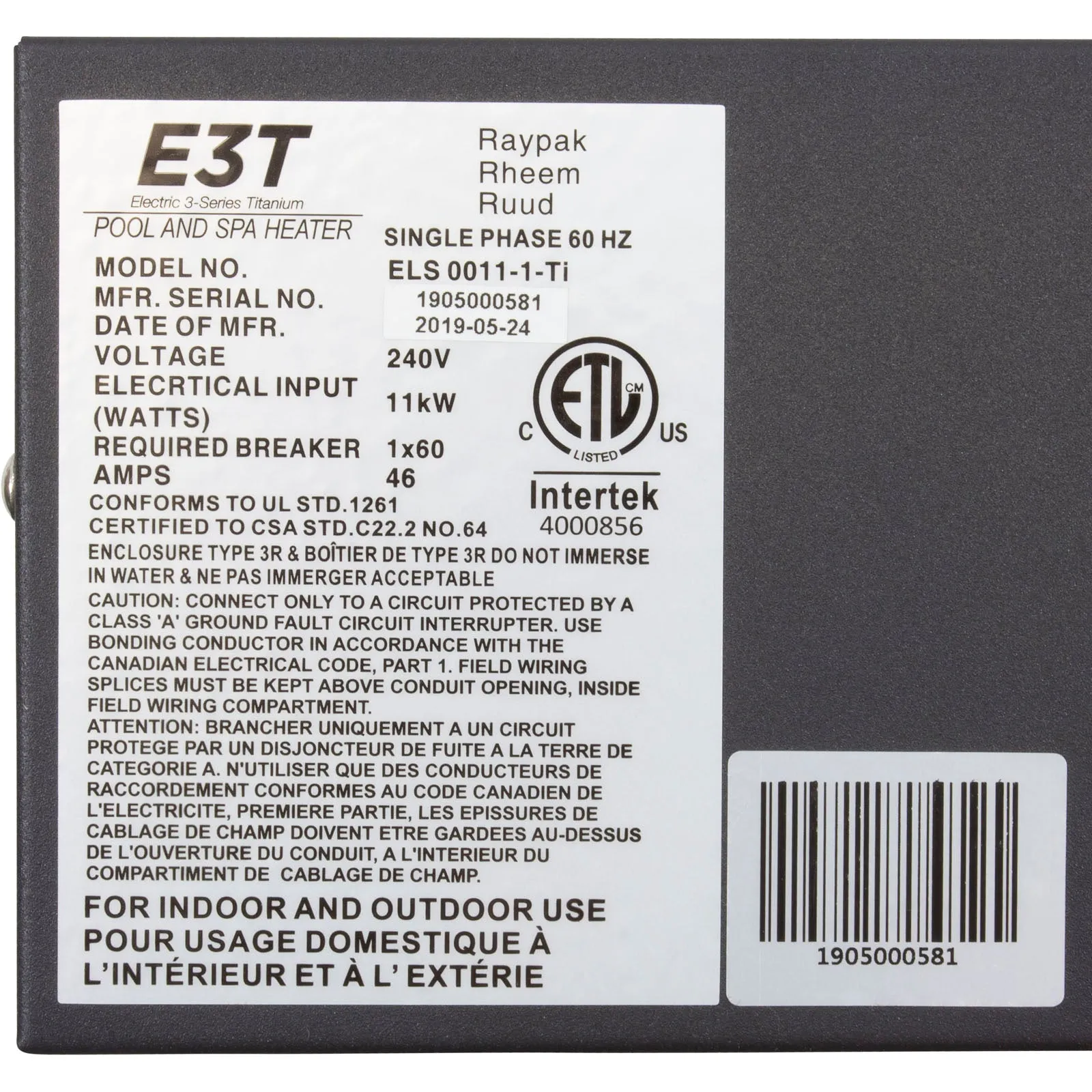 RayPak 11kW Spa Heater [Replacement for ELS 1102-2] [230v] (017122)