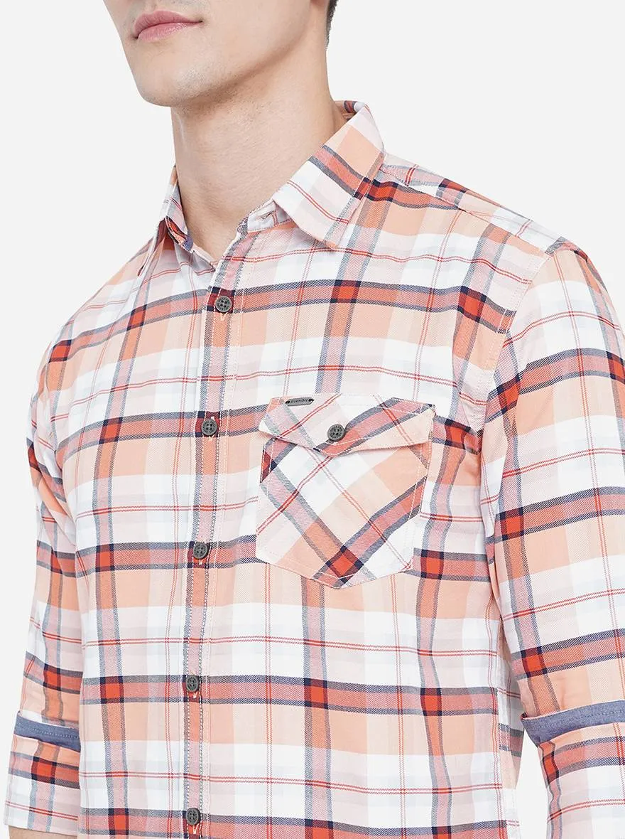 Salmon Peach Checked Slim Fit Semi Casual Shirt | Greenfibre