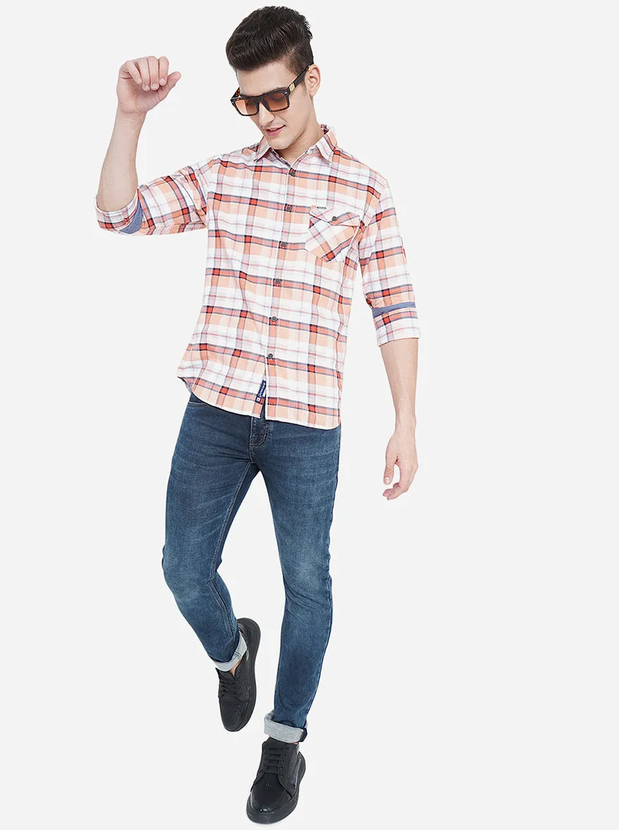 Salmon Peach Checked Slim Fit Semi Casual Shirt | Greenfibre